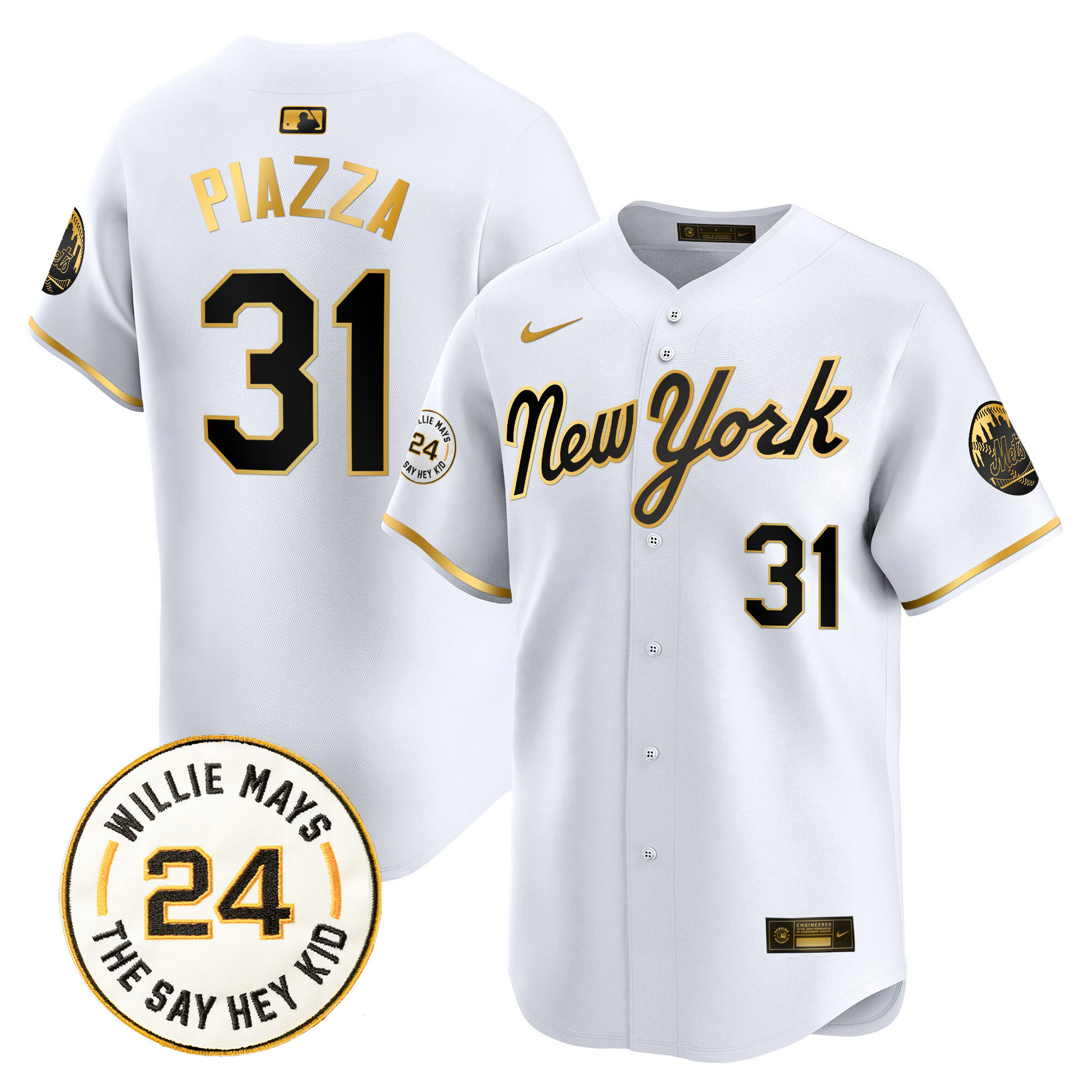 Men's Mike Piazza New York Mets Willie Mays Patch Vapor Premier Limited New York Gold Jersey - All Stitched