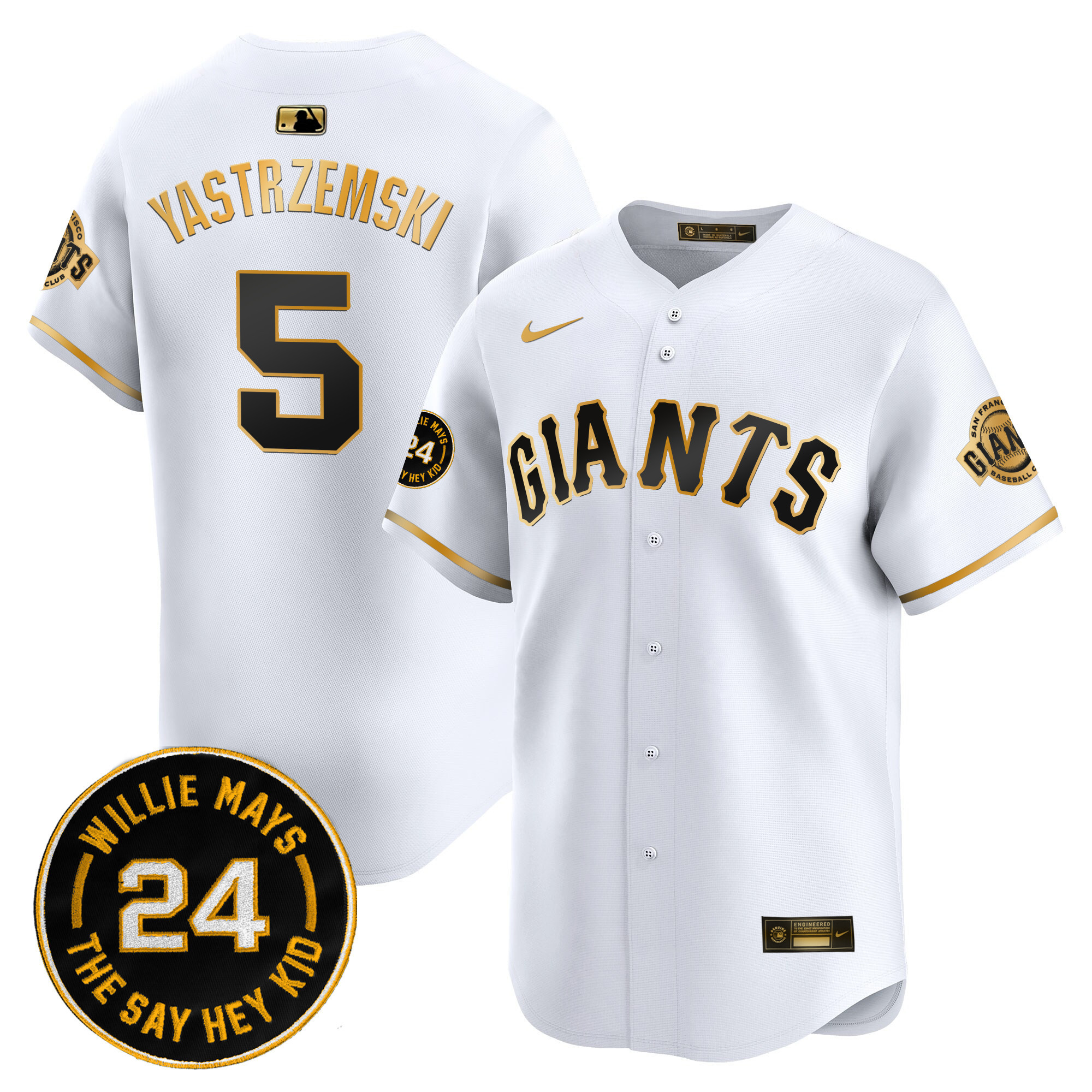Men's Mike Yastrzemski San Francisco Giants 2024 Willie Mays Patch Vapor Premier Limited White Gold Jersey V6 - All Stitched