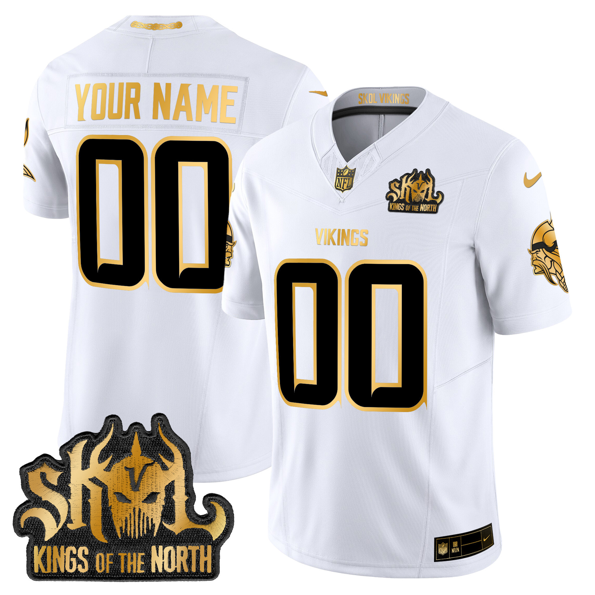 Men's Minnesota Vikings 2024 Winter Warrior Skol Patch Gold Vapor Limited Custom White Gold Jersey - All Stitched
