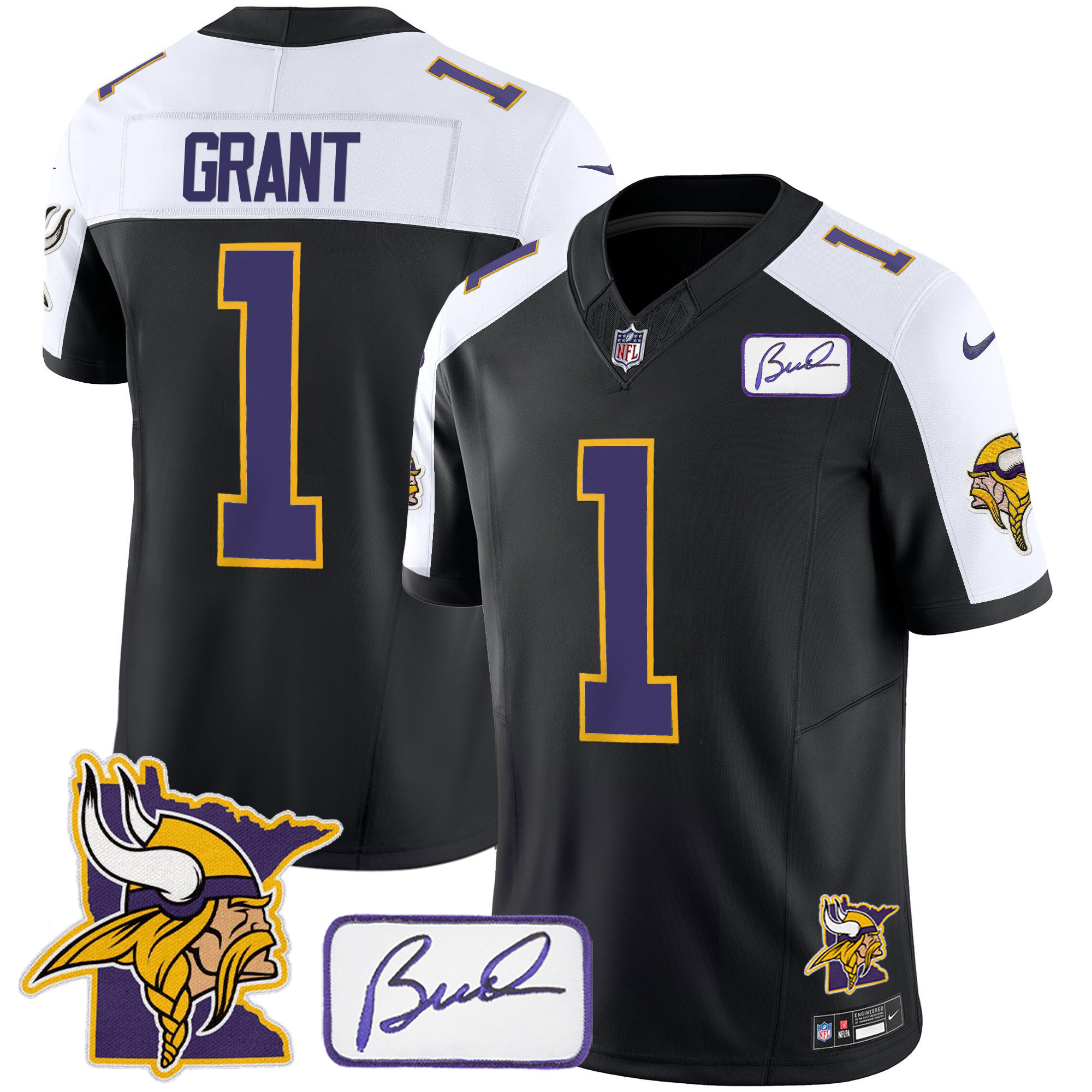 Men's Minnesota Vikings Bud Grant & Minnesota Patch Classic Limited Black Alternate Jersey - All Stitched