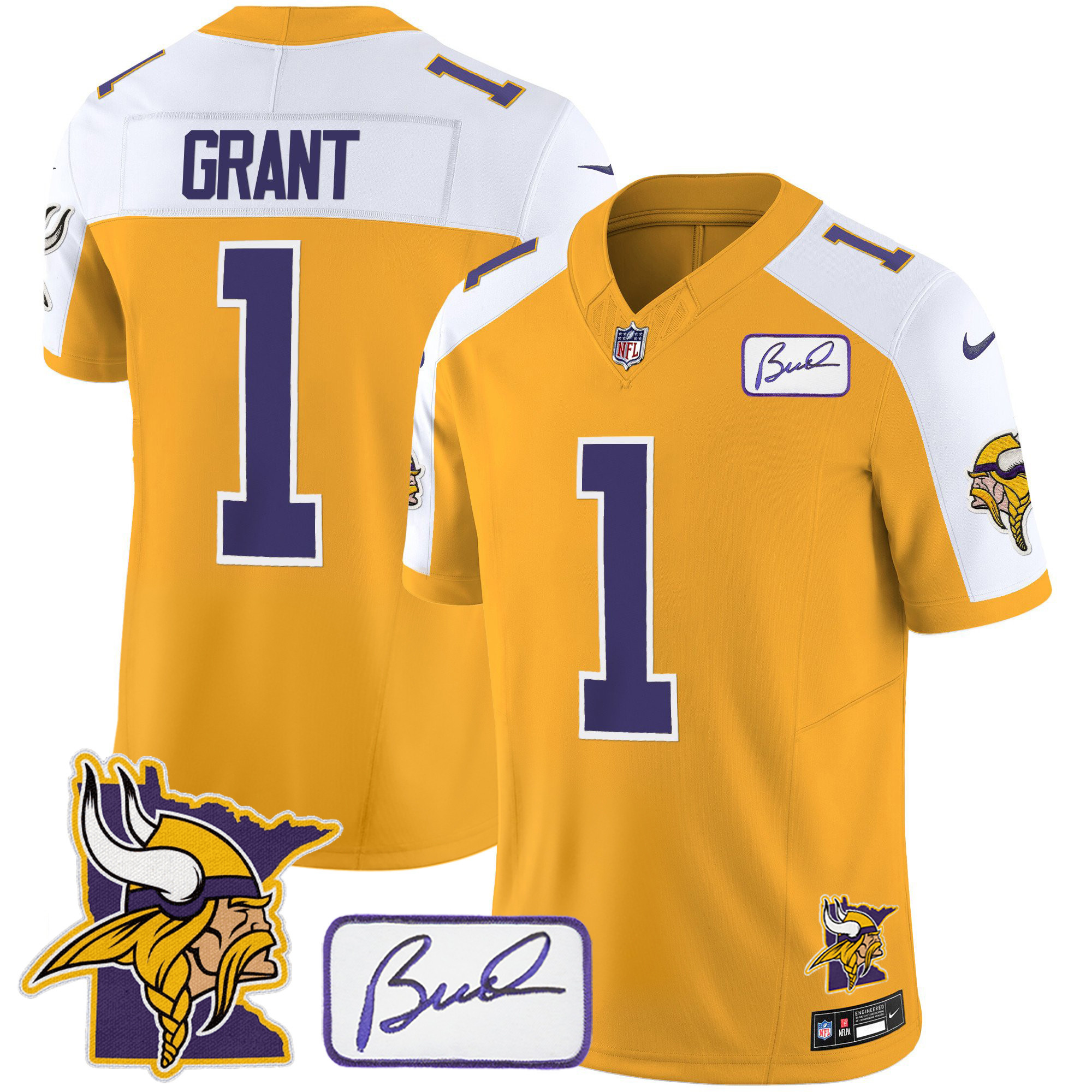 Men's Minnesota Vikings Bud Grant & Minnesota Patch Classic Limited Gold Alternate Jersey - All Stitched