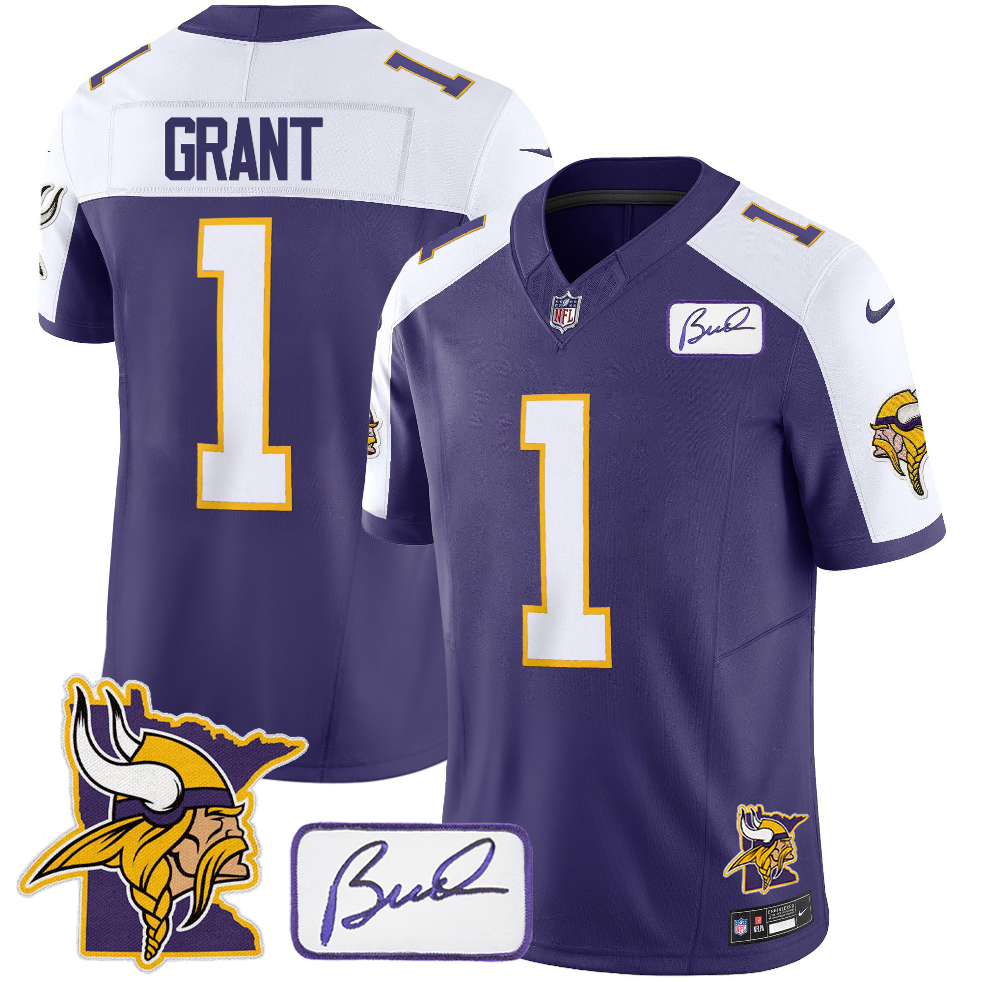 Men's Minnesota Vikings Bud Grant & Minnesota Patch Classic Limited Purple Alternate Jersey - All Stitched