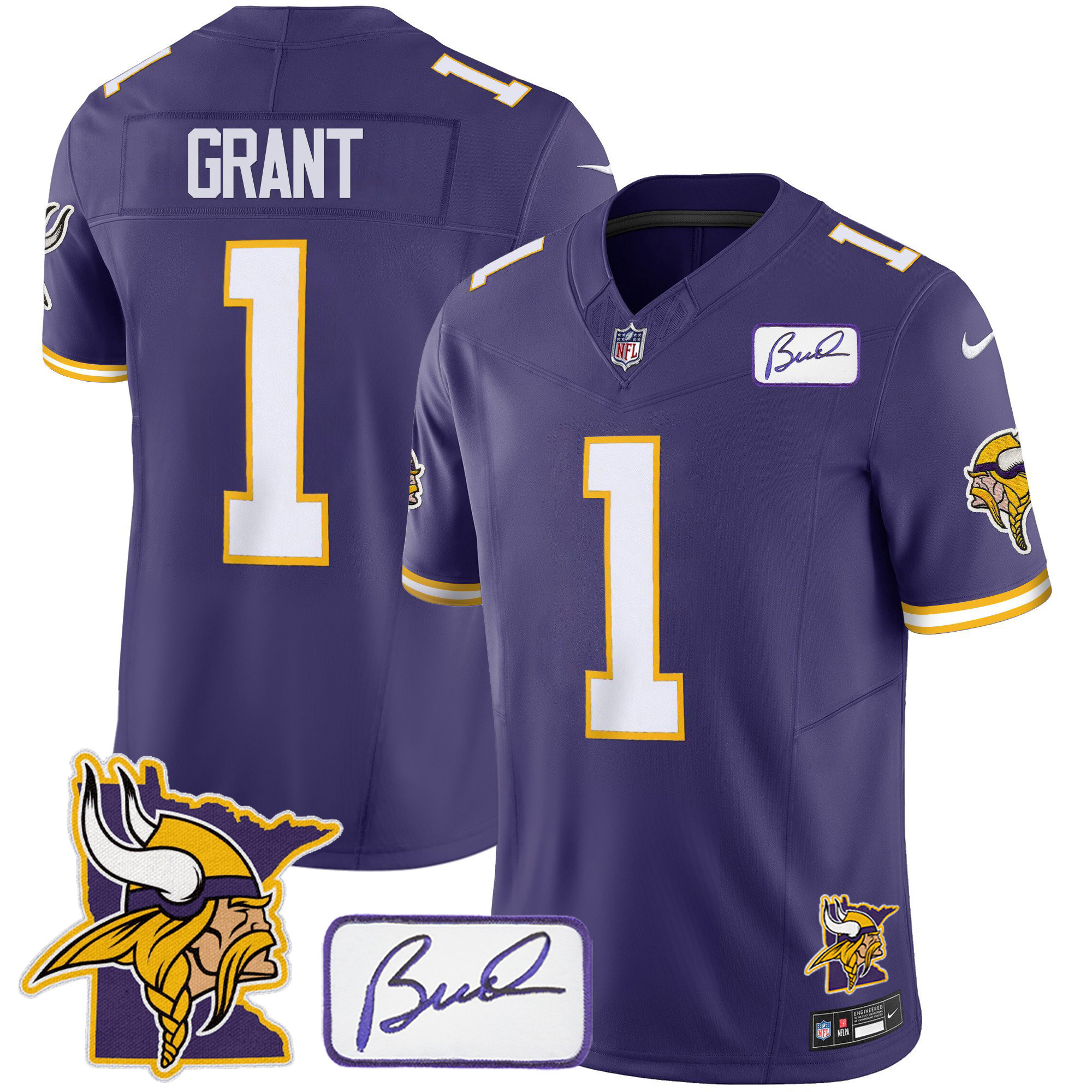 Men's Minnesota Vikings Bud Grant & Minnesota Patch Classic Limited Purple Jersey - All Stitched