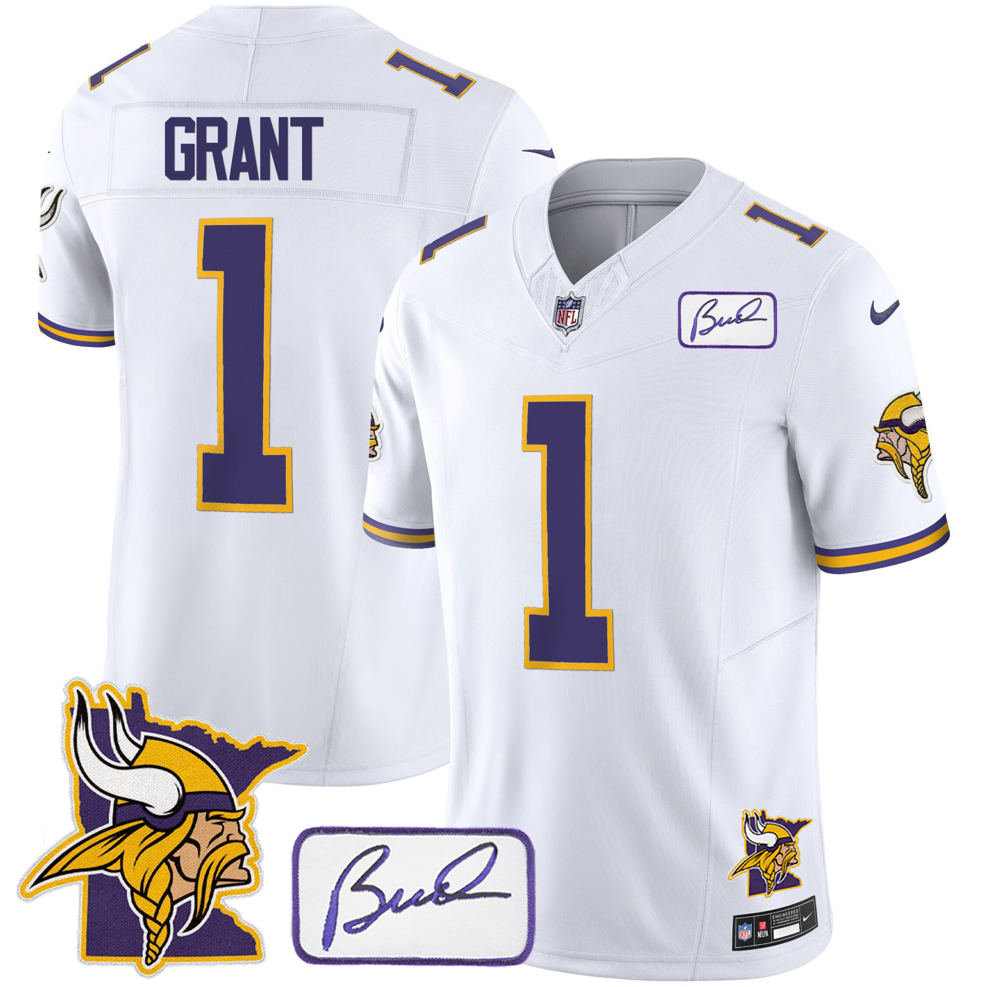 Men's Minnesota Vikings Bud Grant & Minnesota Patch Classic Limited White Jersey - All Stitched