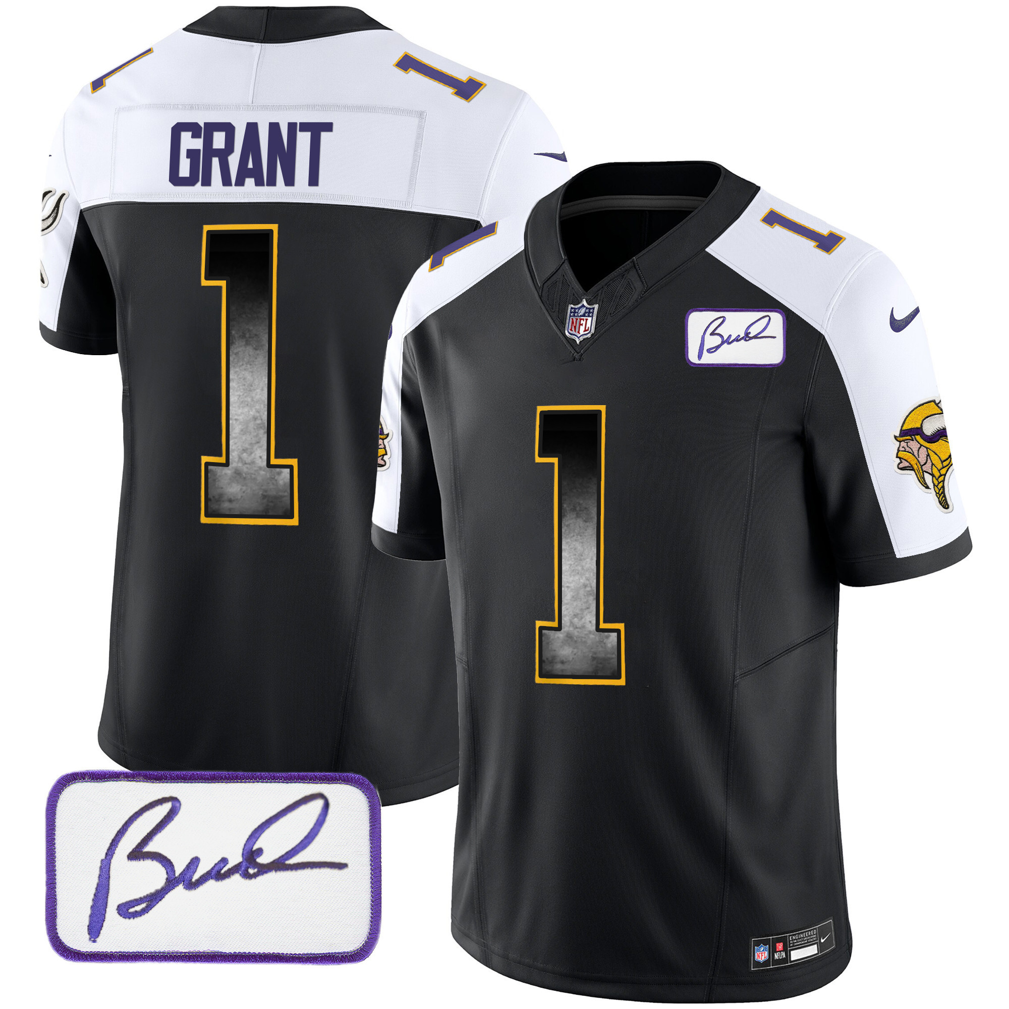 Men's Minnesota Vikings Bud Grant Patch Arch Smoke Vapor Black Alternate Jersey - All Stitched
