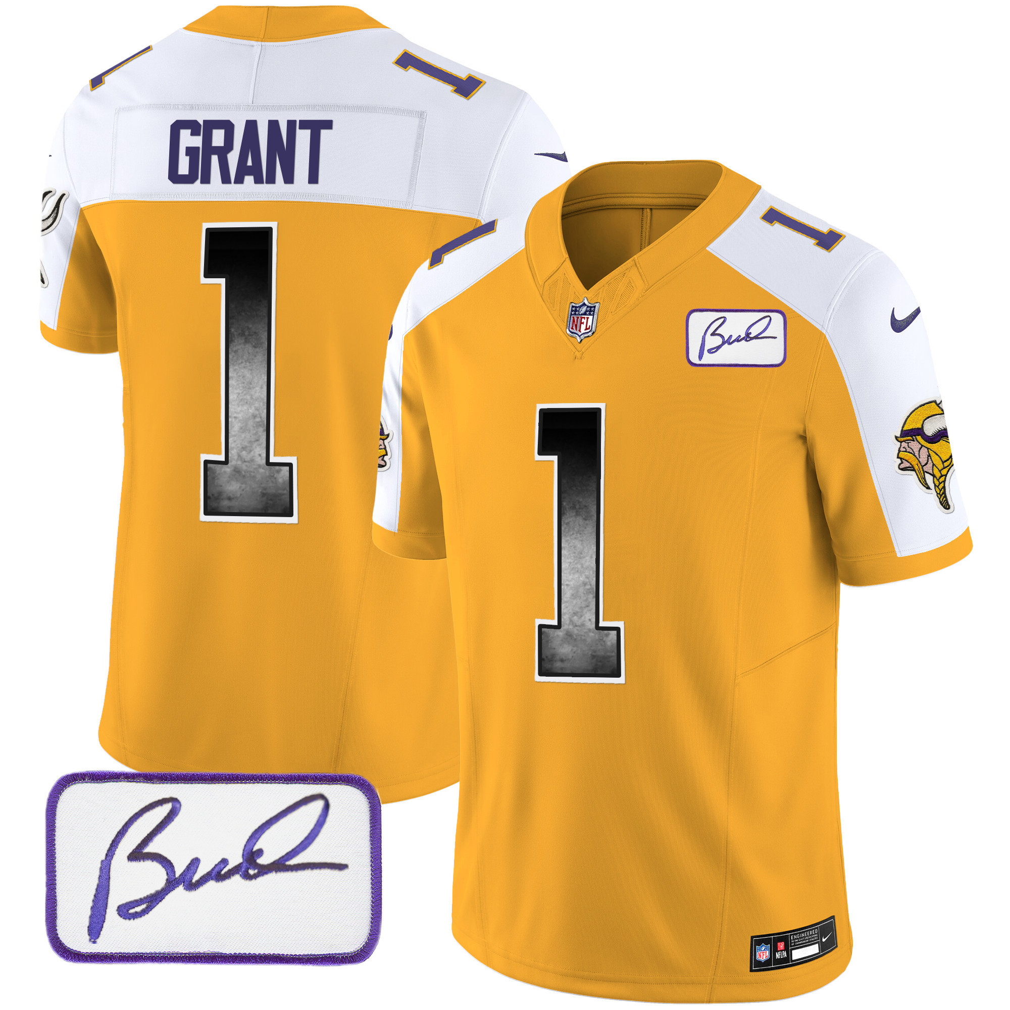 Men's Minnesota Vikings Bud Grant Patch Arch Smoke Vapor Gold Alternate Jersey - All Stitched