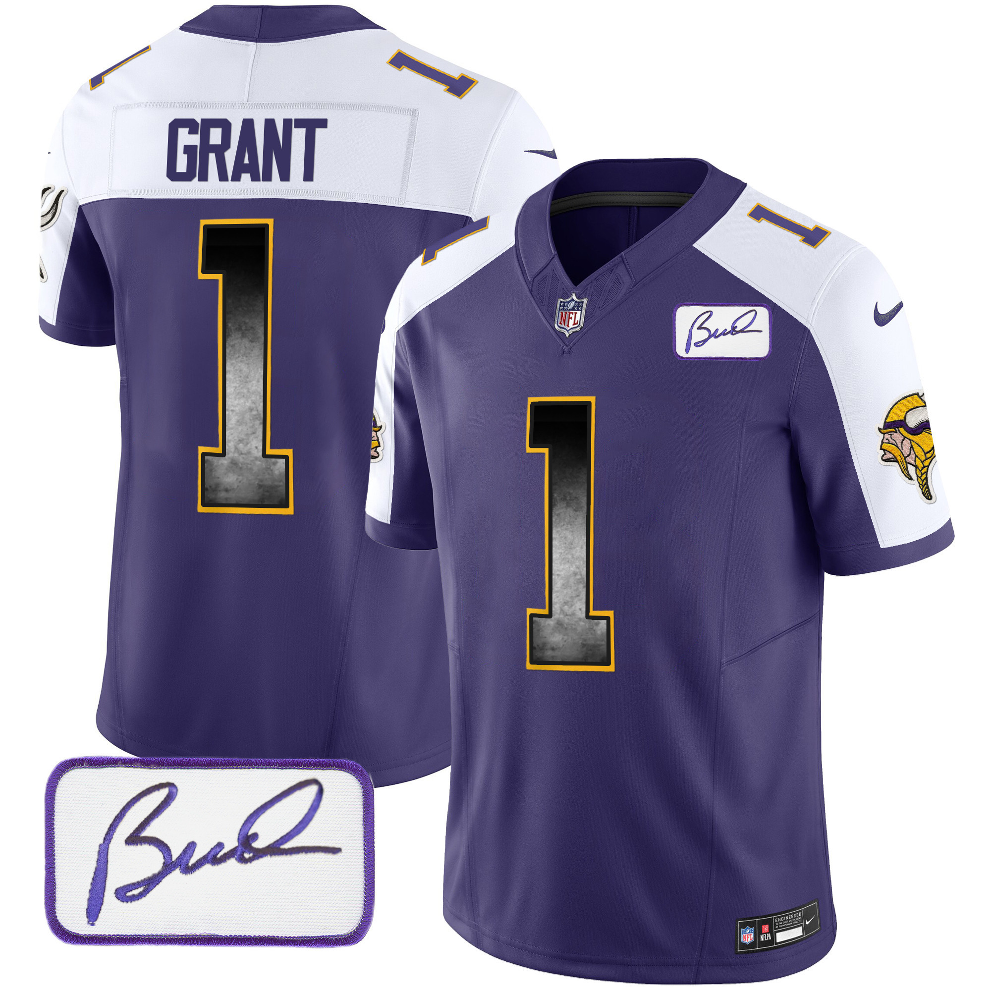 Men's Minnesota Vikings Bud Grant Patch Arch Smoke Vapor Purple Alternate Jersey - All Stitched