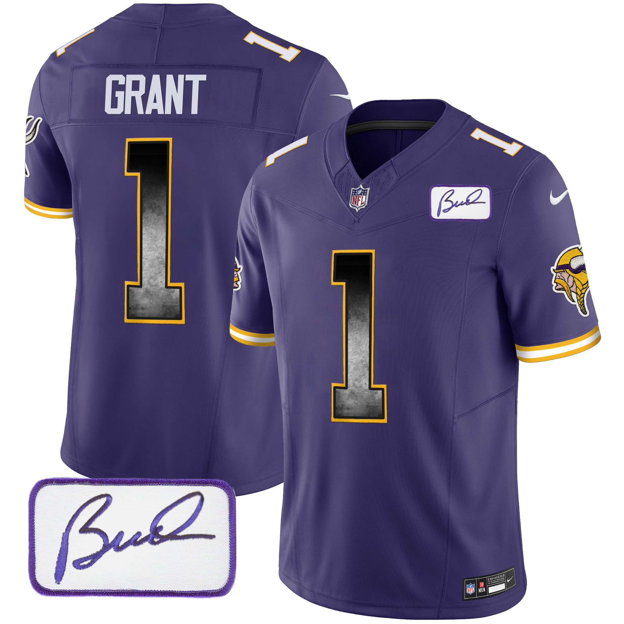 Men's Minnesota Vikings Bud Grant Patch Arch Smoke Vapor Purple Jersey - All Stitched