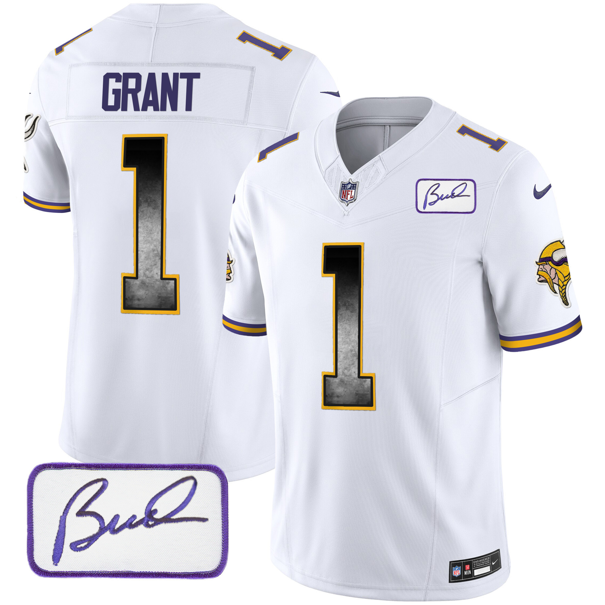 Men's Minnesota Vikings Bud Grant Patch Arch Smoke Vapor White Jersey - All Stitched