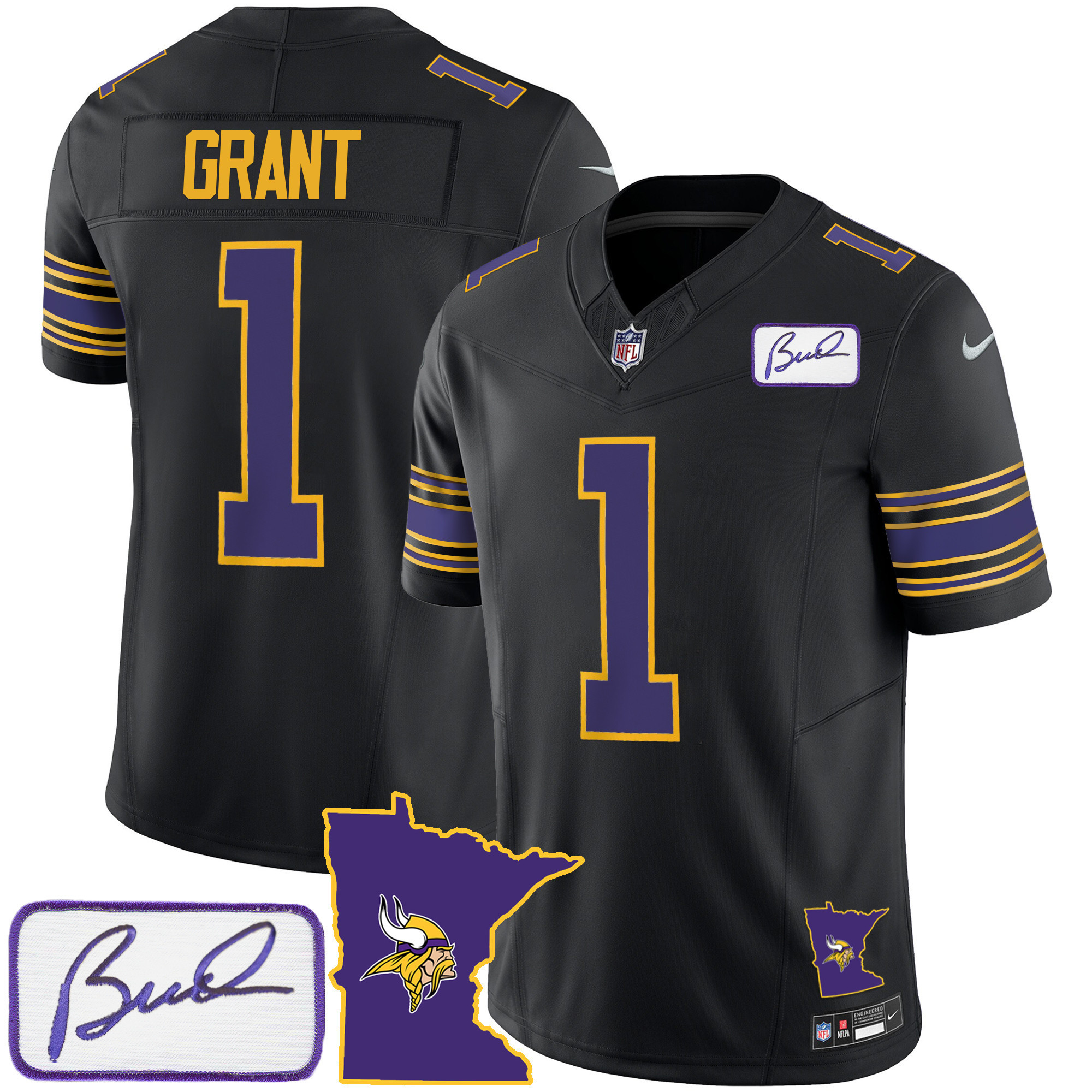 Men's Minnesota Vikings Bud Grant Patch Classic Limited V2 Black Jersey - All Stitched