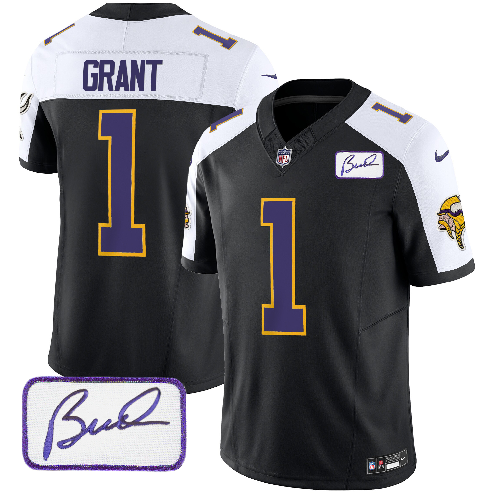 Men's Minnesota Vikings Bud Grant Patch Classic Limited V3 Black Alternate Jersey - All Stitched