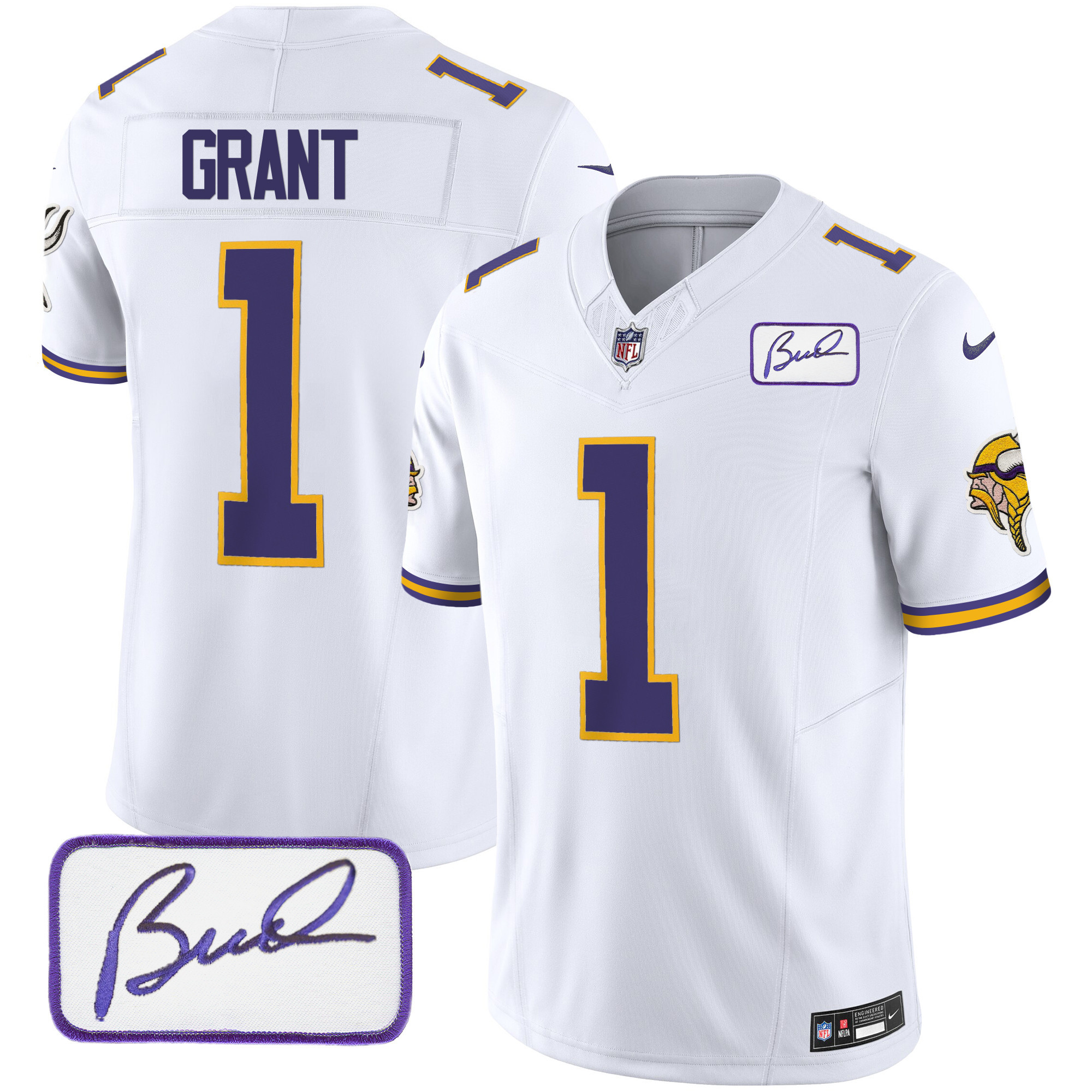 Men's Minnesota Vikings Bud Grant Patch Classic Limited V3 White Jersey - All Stitched