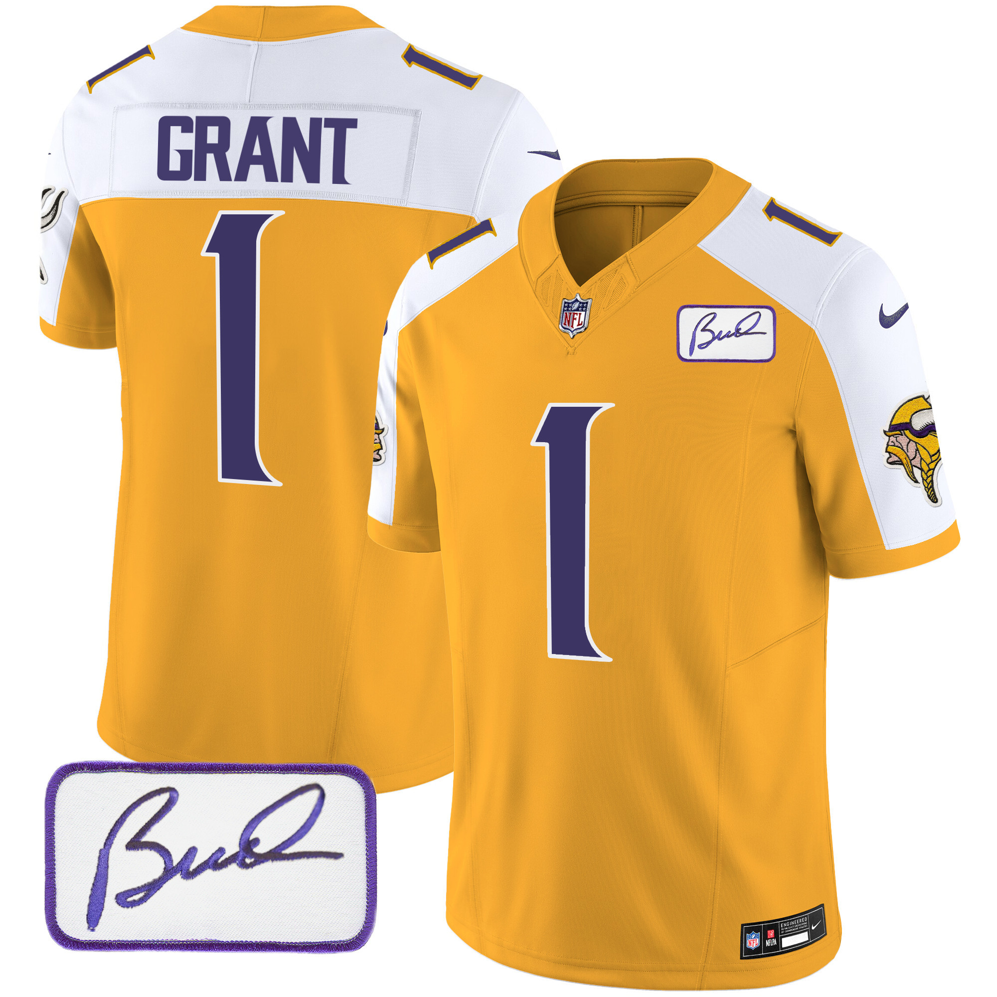 Men's Minnesota Vikings Bud Grant Patch Classic Limited V4 Gold Alternate Jersey - All Stitched