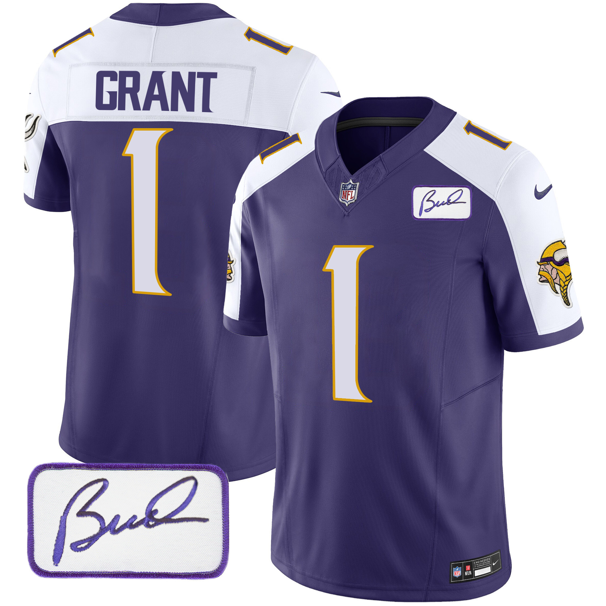 Men's Minnesota Vikings Bud Grant Patch Classic Limited V4 Purple Alternate Jersey - All Stitched