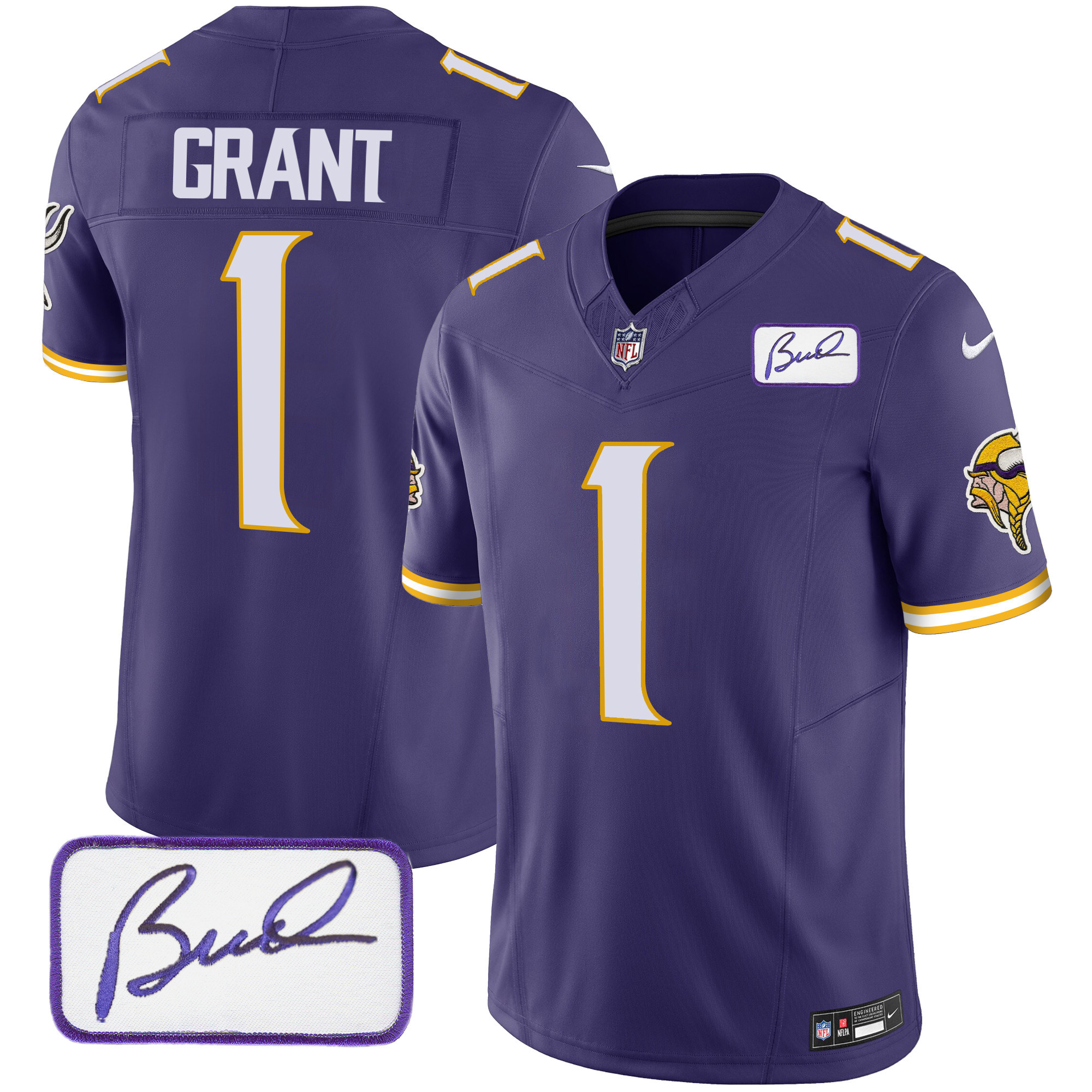 Men's Minnesota Vikings Bud Grant Patch Classic Limited V4 Purple Jersey - All Stitched