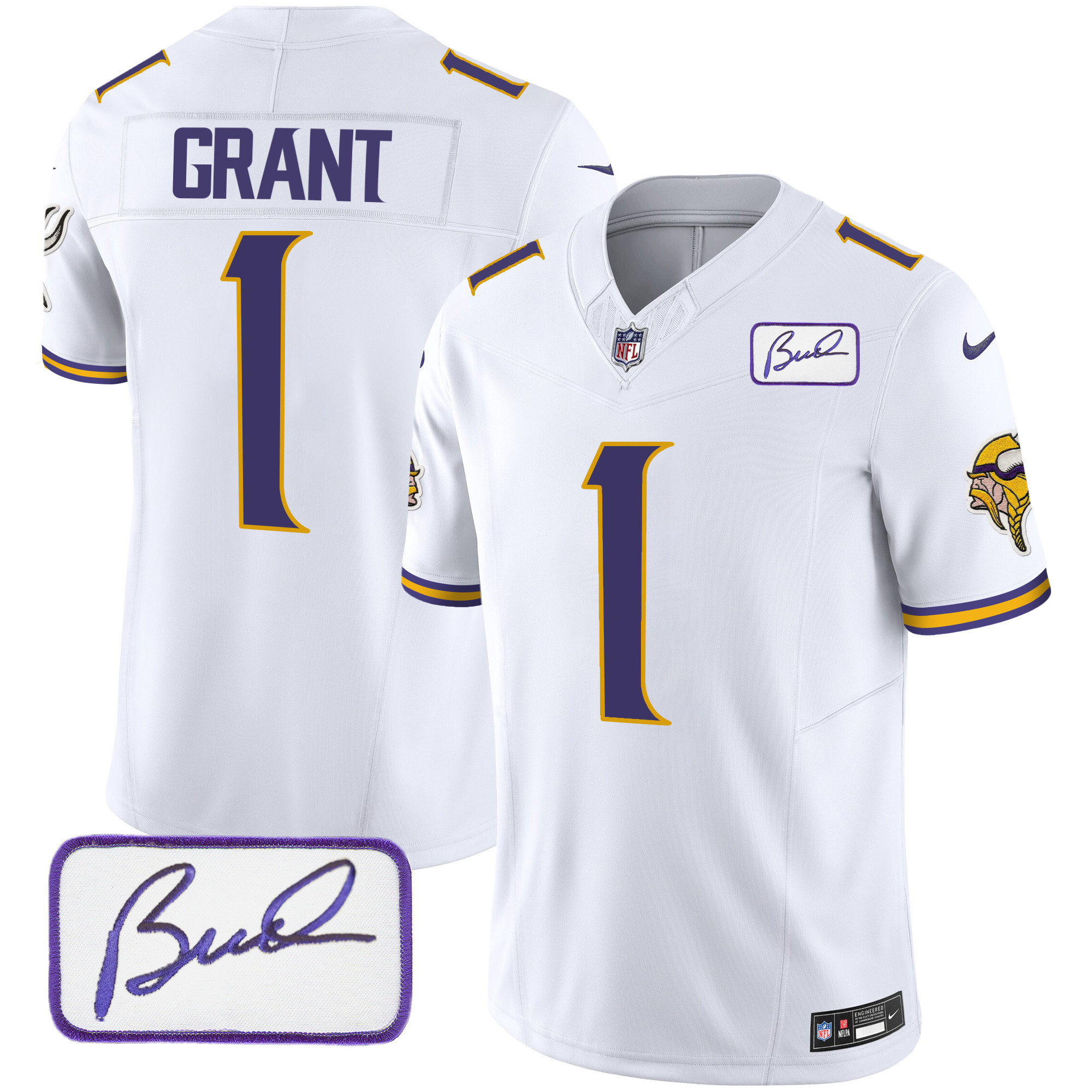Men's Minnesota Vikings Bud Grant Patch Classic Limited V4 White Jersey - All Stitched