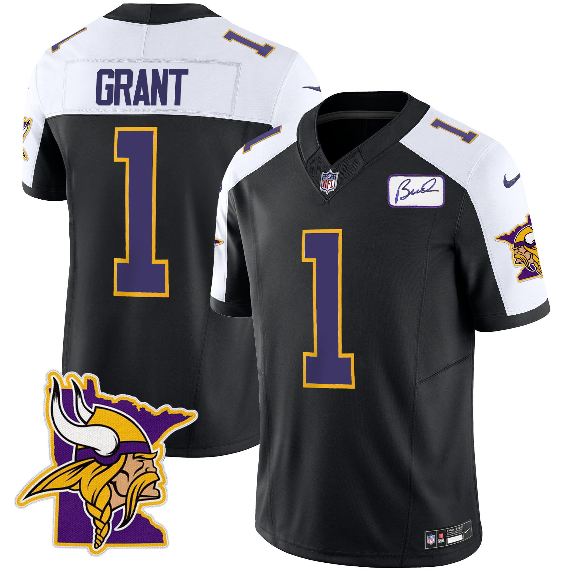 Men's Minnesota Vikings Bud Grant Patch Classic Limited V5 Black Alternate Jersey - All Stitched