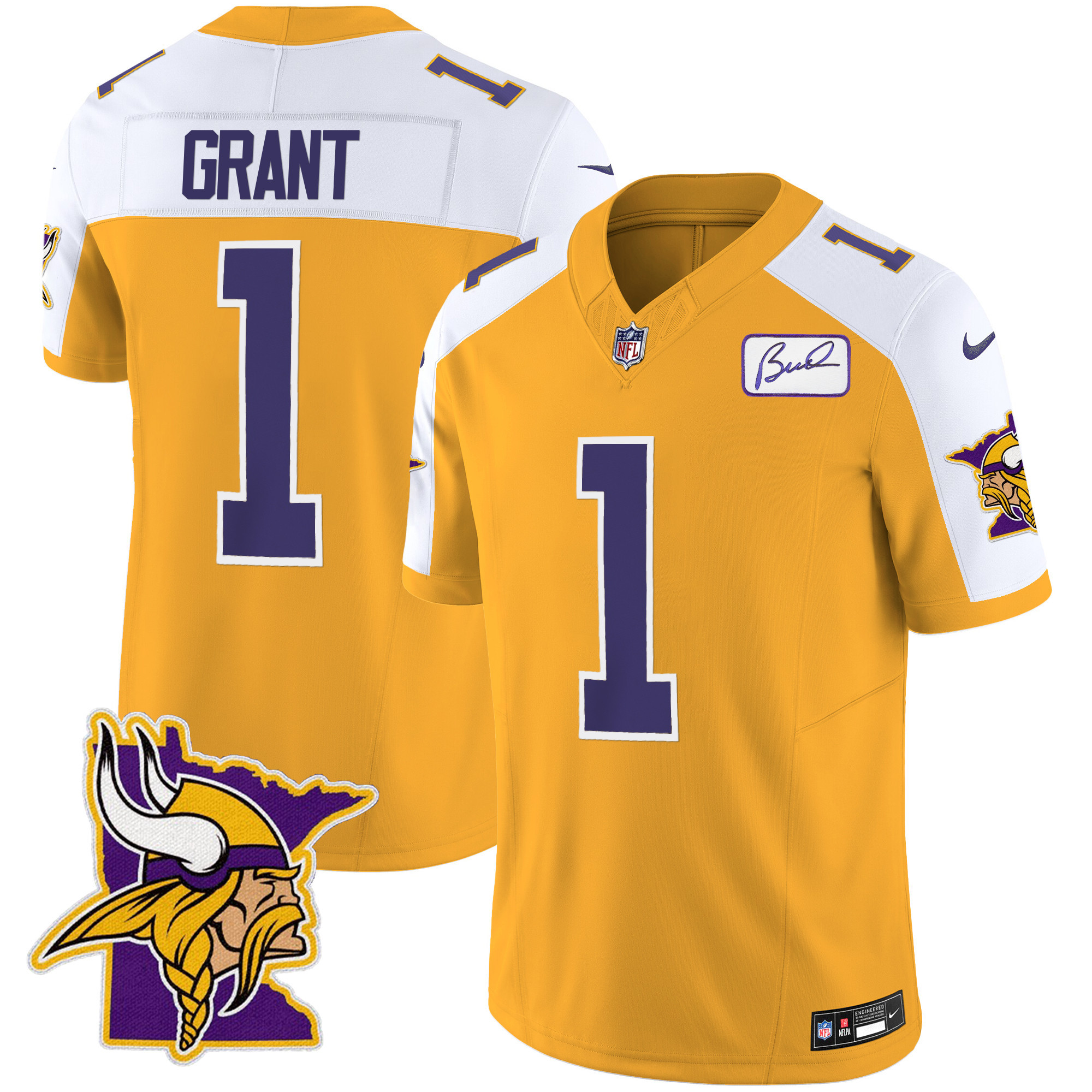 Men's Minnesota Vikings Bud Grant Patch Classic Limited V5 Gold Alternate Jersey - All Stitched