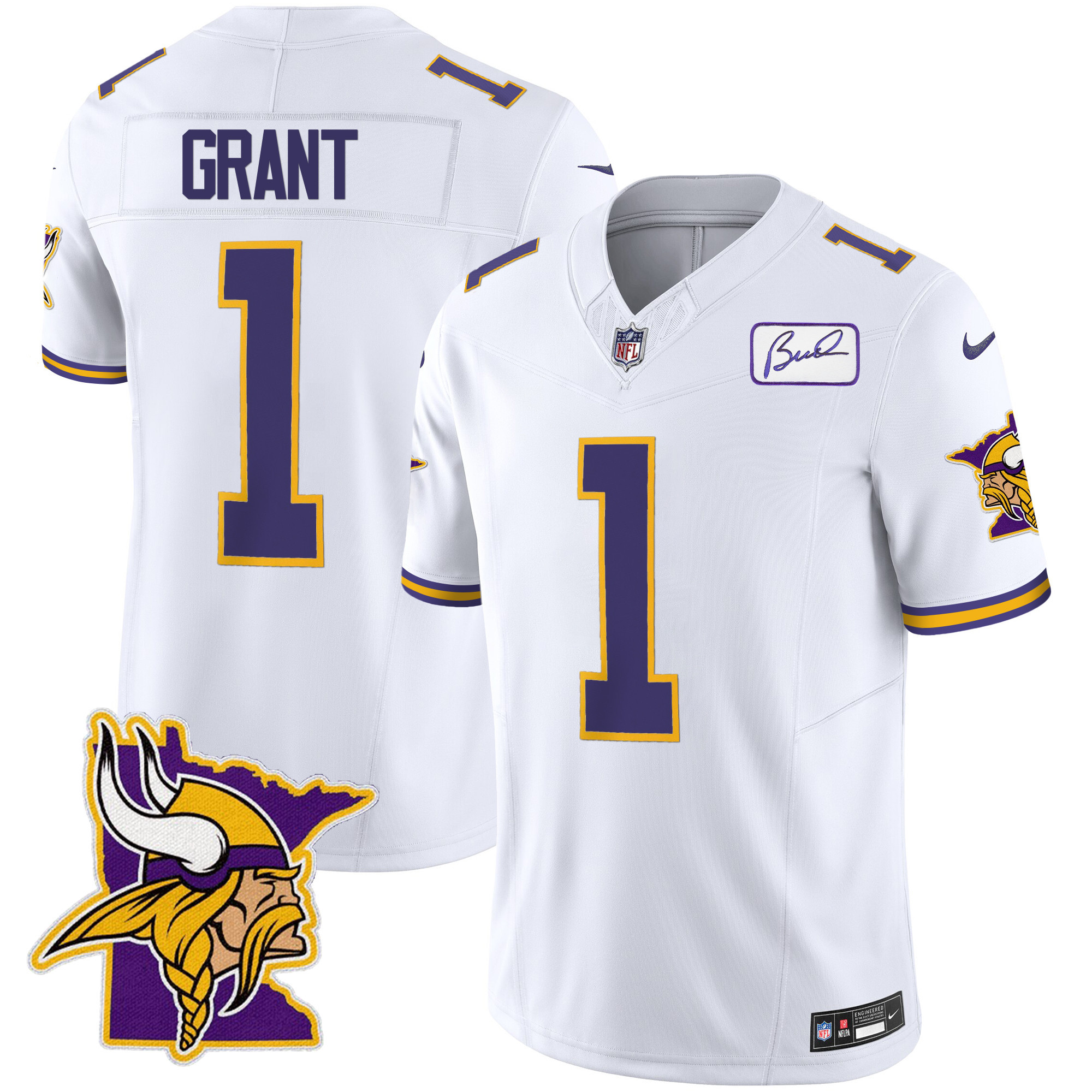 Men's Minnesota Vikings Bud Grant Patch Classic Limited V5 White Jersey - All Stitched