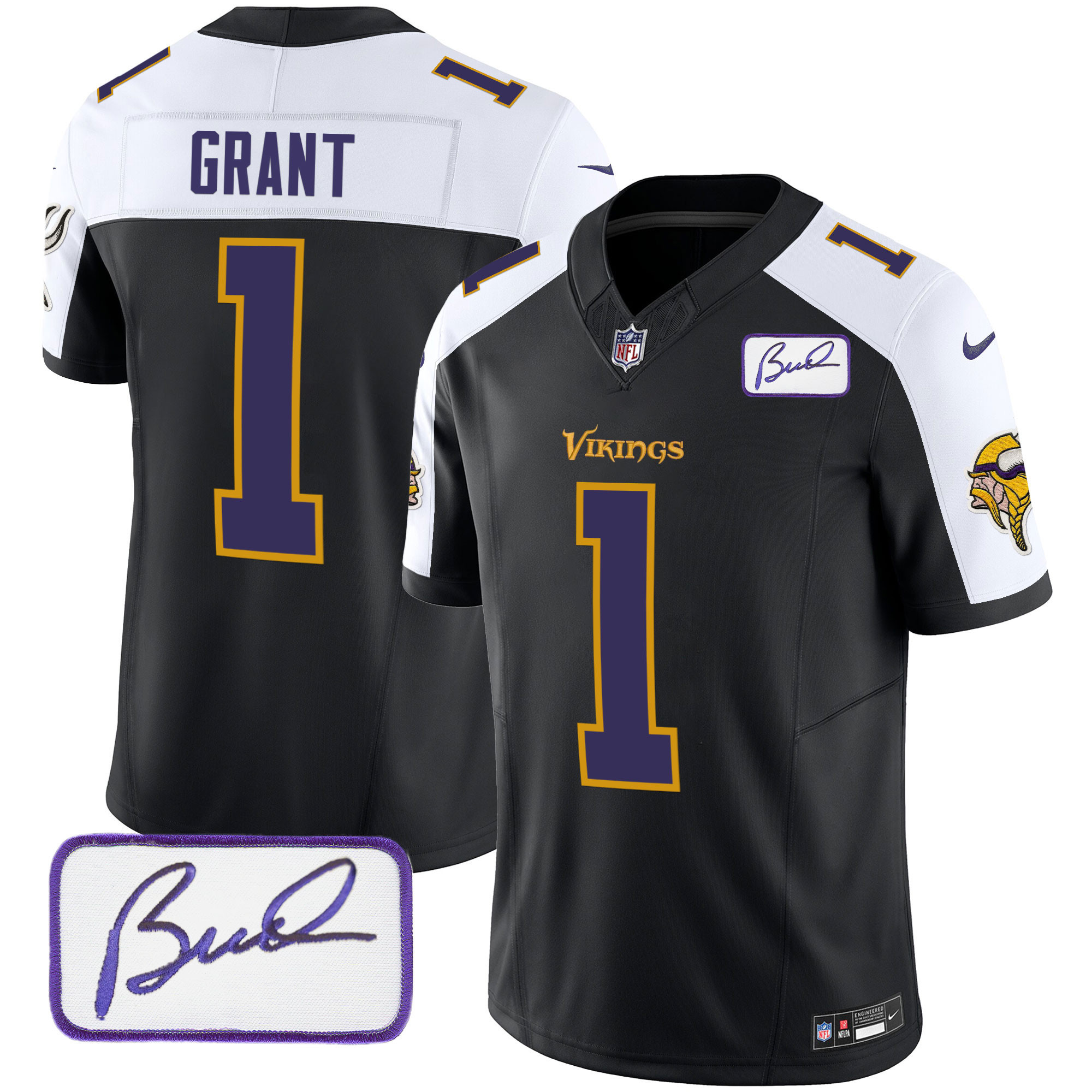 Men's Minnesota Vikings Bud Grant Patch Classic Limited V6 Black Alternate Jersey - All Stitched