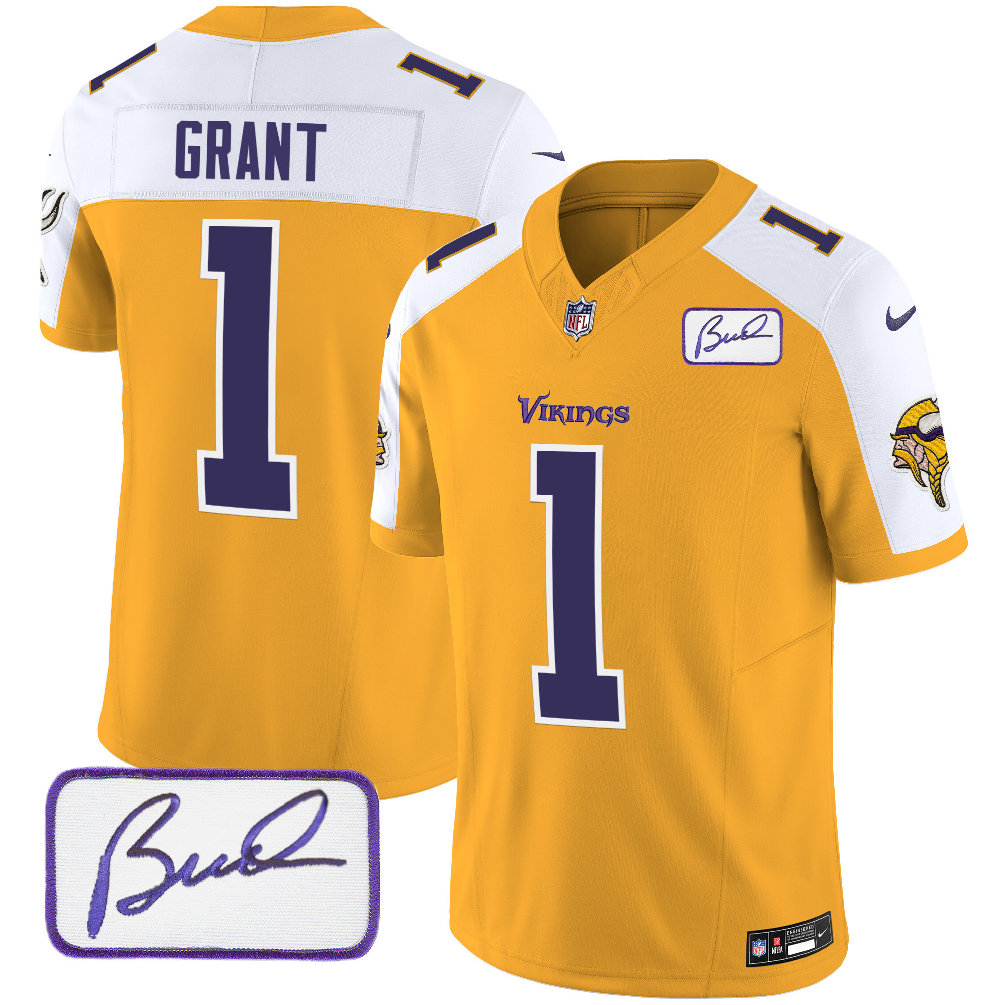 Men's Minnesota Vikings Bud Grant Patch Classic Limited V6 Gold Alternate Jersey - All Stitched