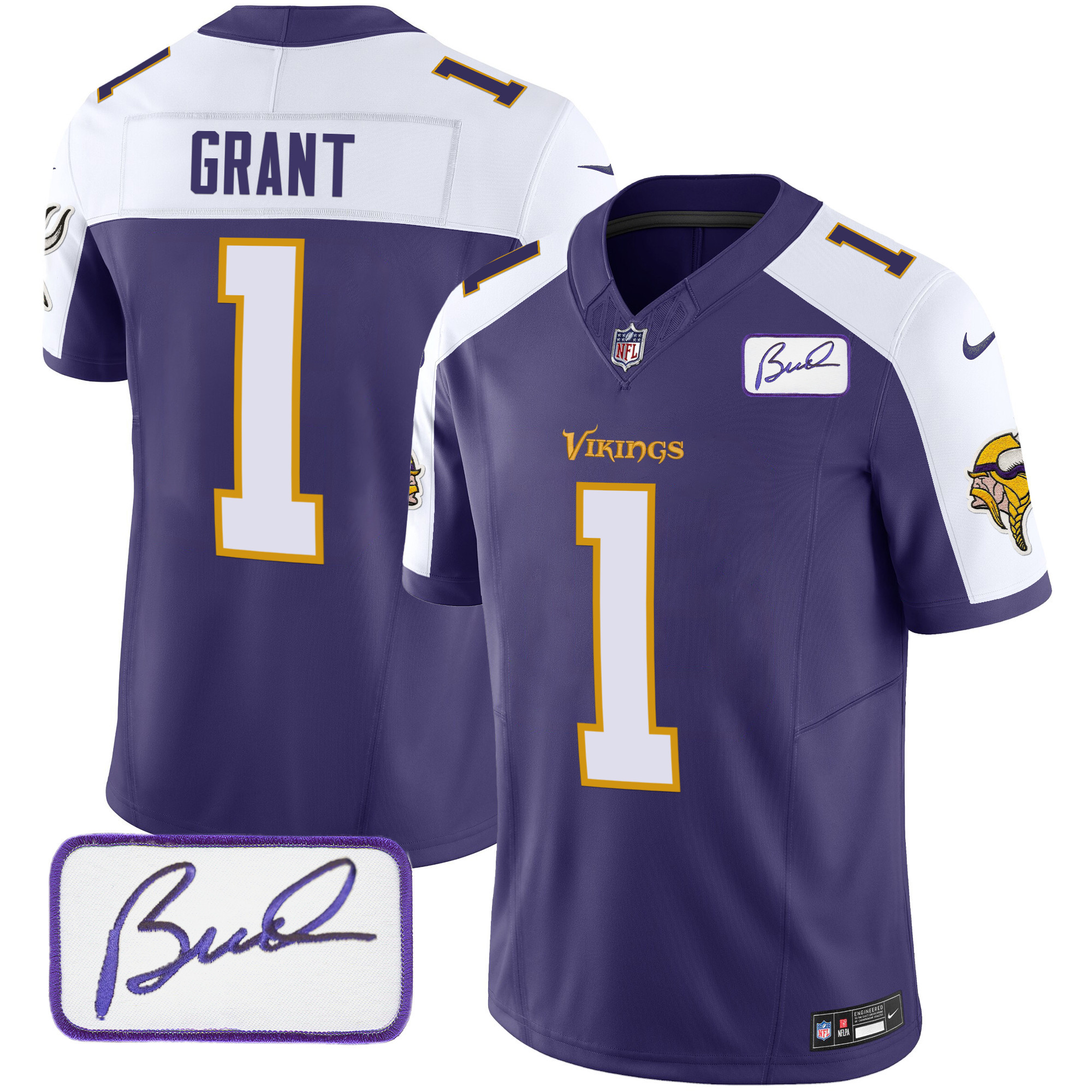 Men's Minnesota Vikings Bud Grant Patch Classic Limited V6 Purple Alternate Jersey - All Stitched