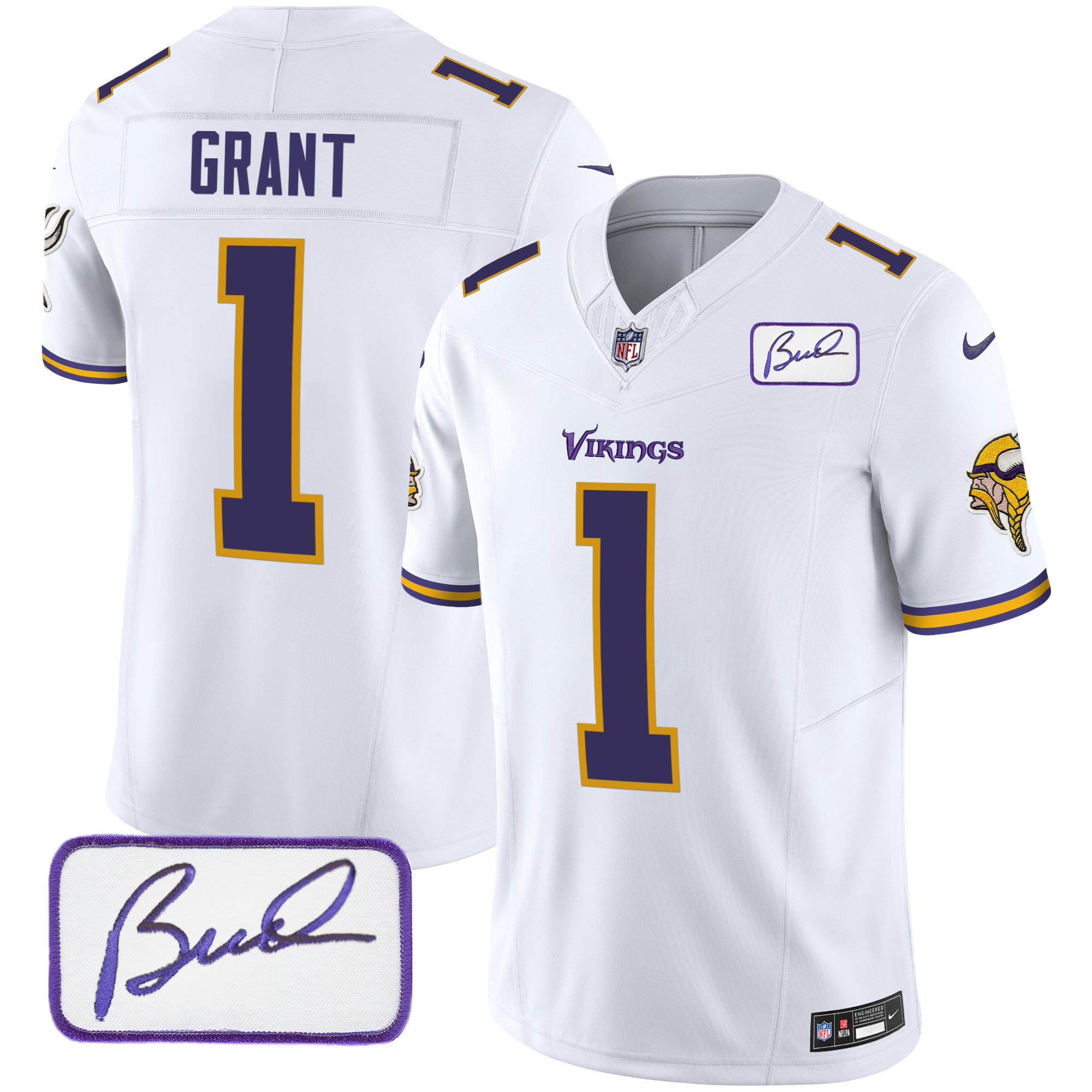 Men's Minnesota Vikings Bud Grant Patch Classic Limited V6 White Jersey - All Stitched