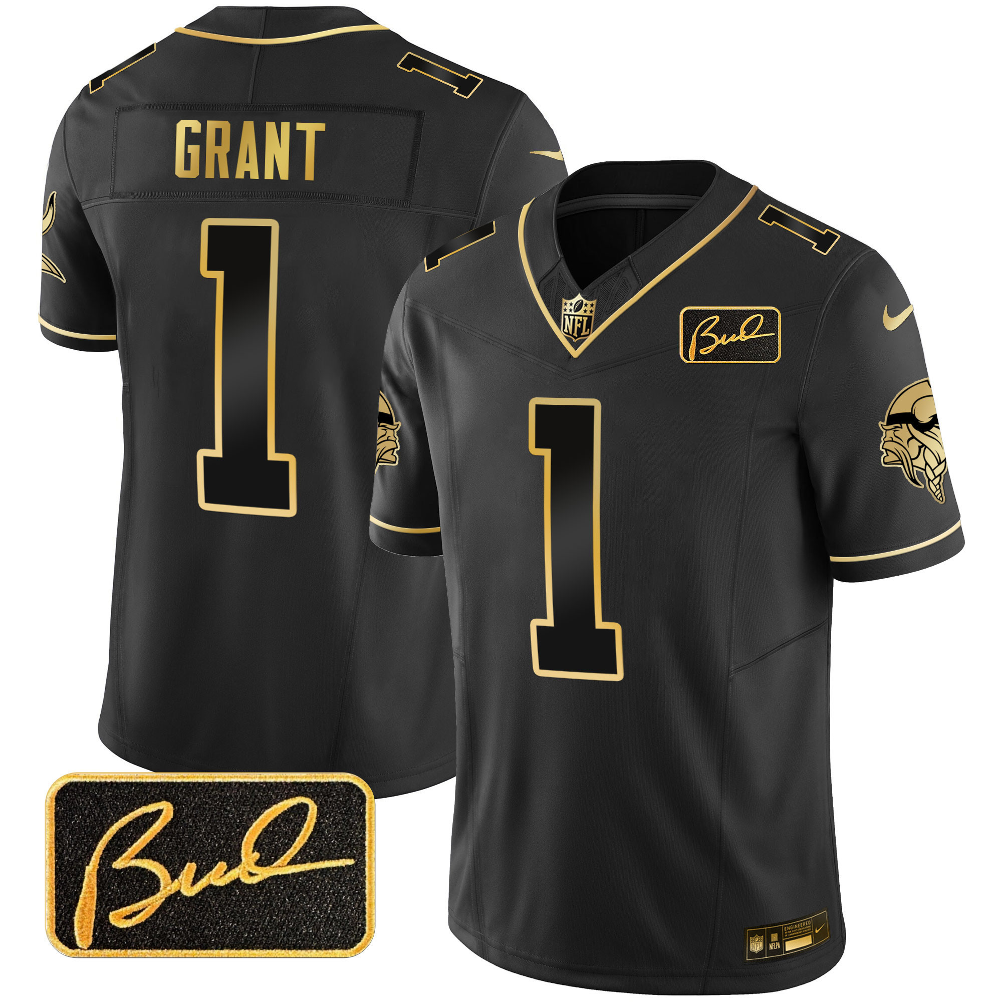 Men's Minnesota Vikings Bud Grant Patch Gold Limited V2 Black Gold Jersey - All Stitched