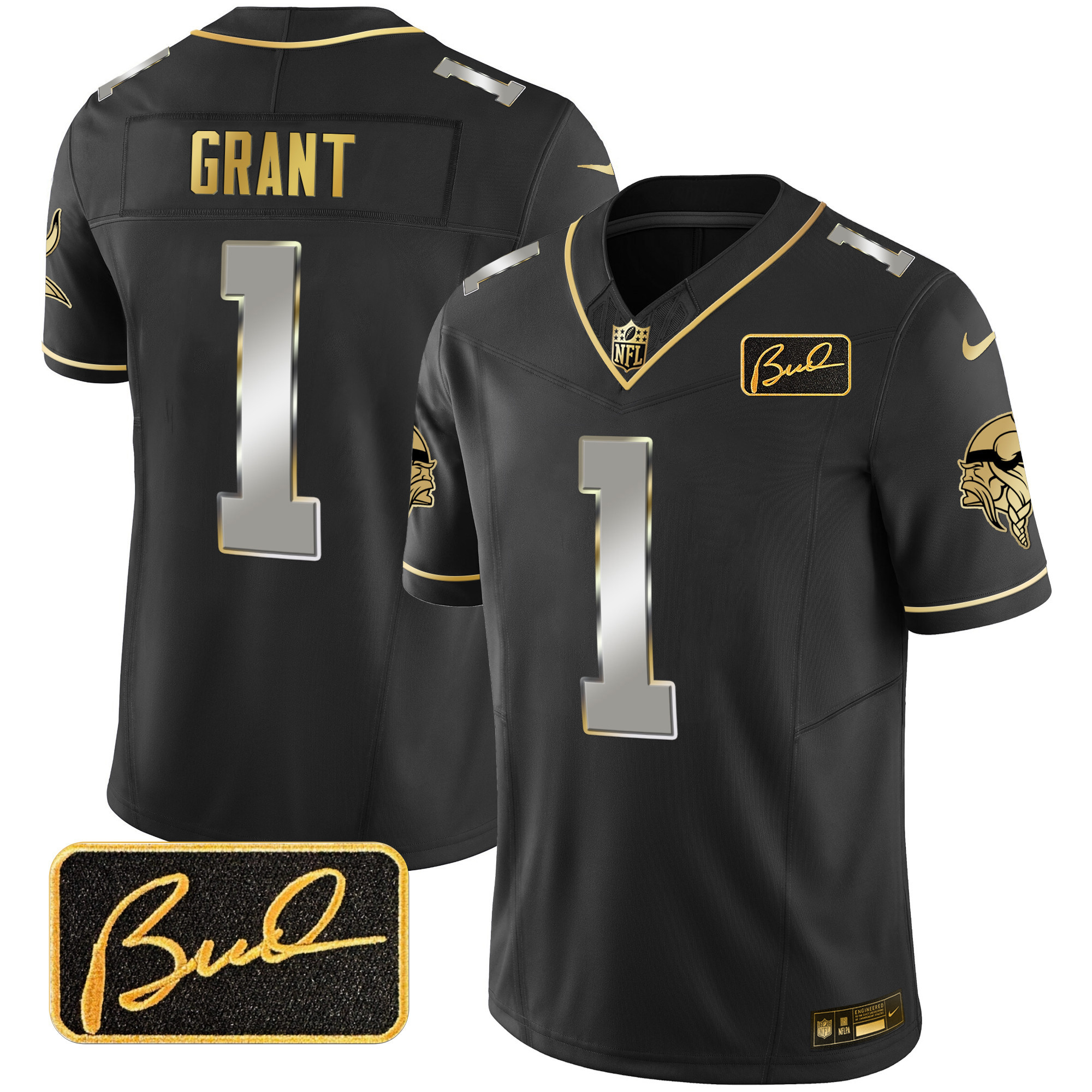 Men's Minnesota Vikings Bud Grant Patch Gold Limited V2 Black Limited Jersey - All Stitched