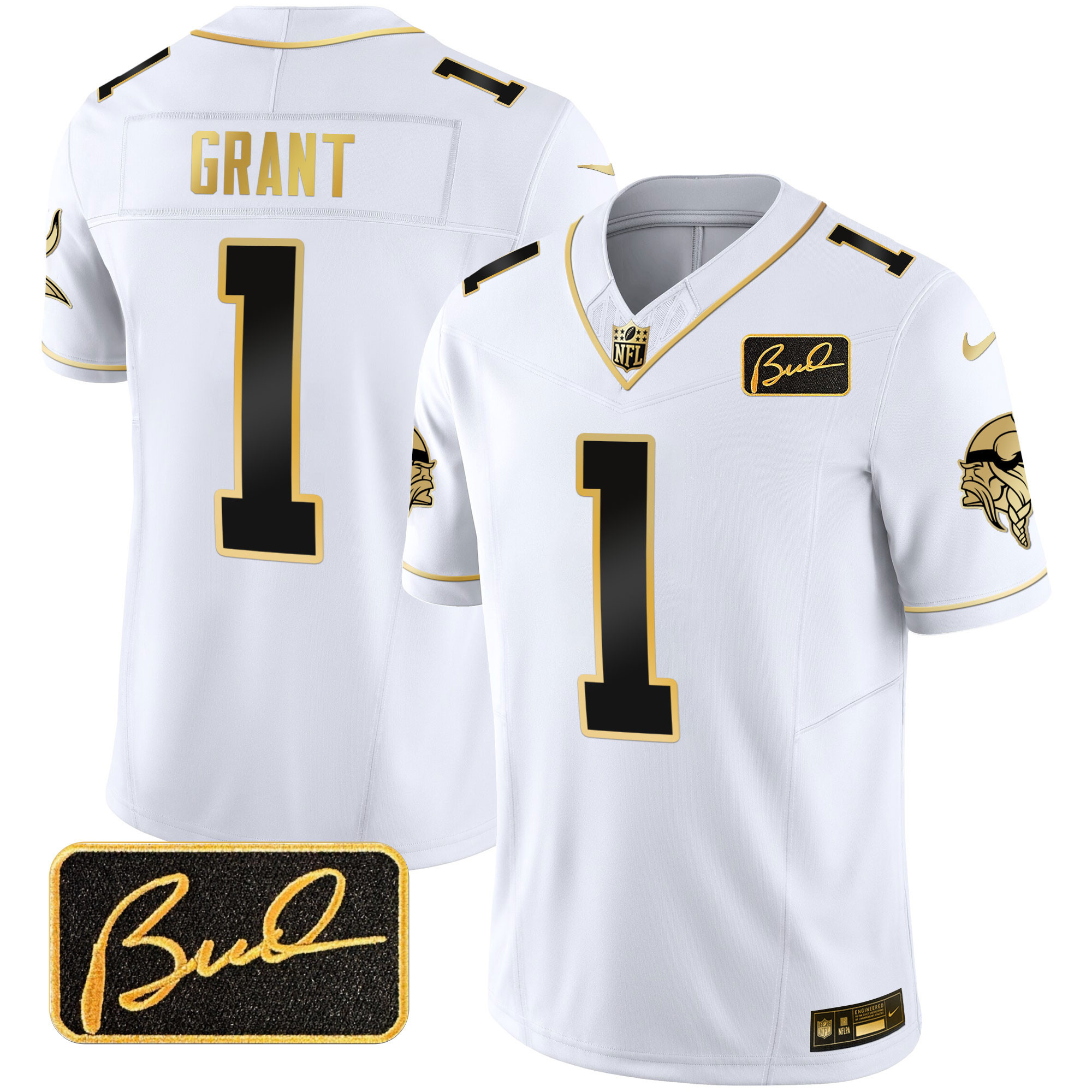 Men's Minnesota Vikings Bud Grant Patch Gold Limited V2 White Gold Jersey - All Stitched