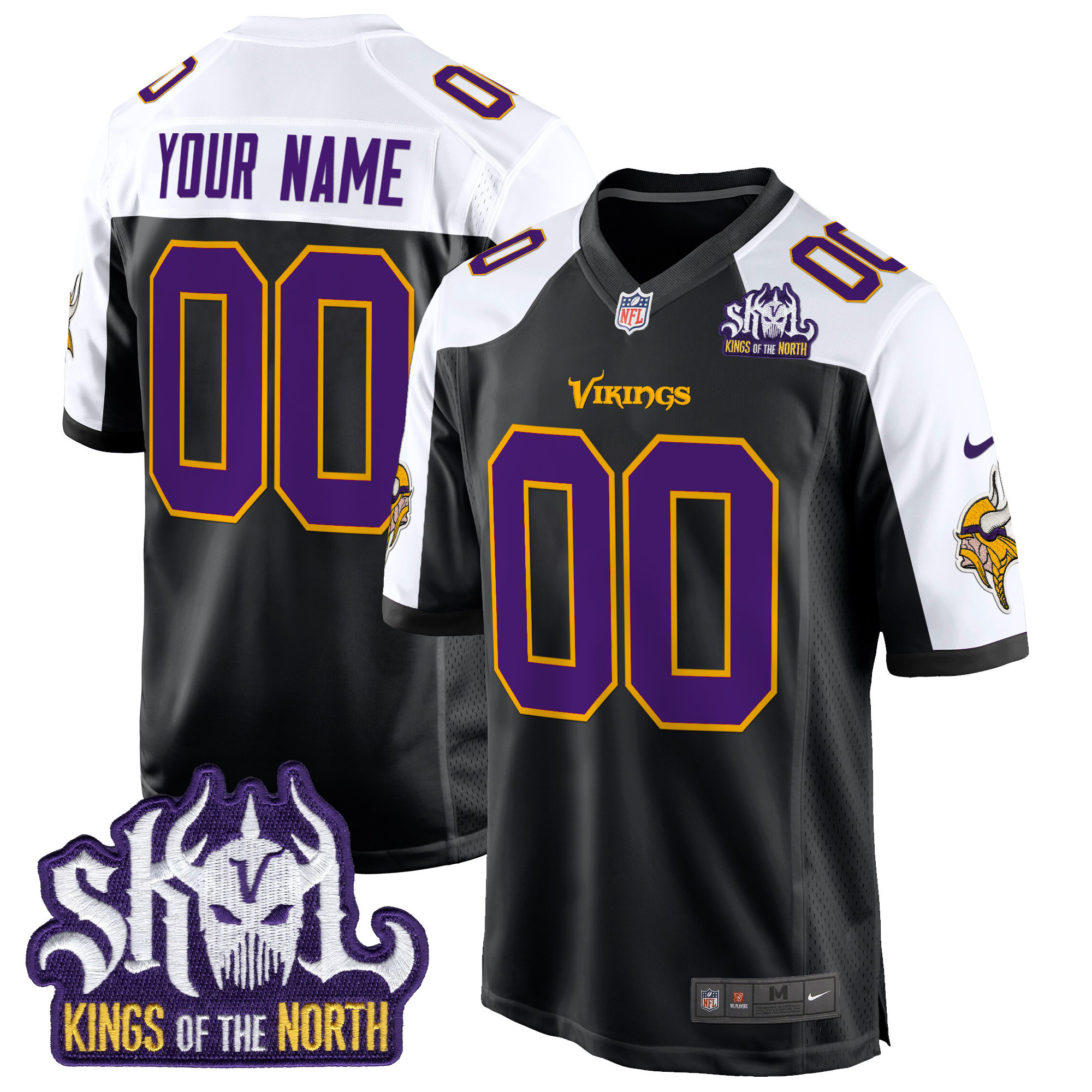 Men's Minnesota Vikings King Of The North Patch Throwback Game Custom Black Alternate Jersey - All Stitched