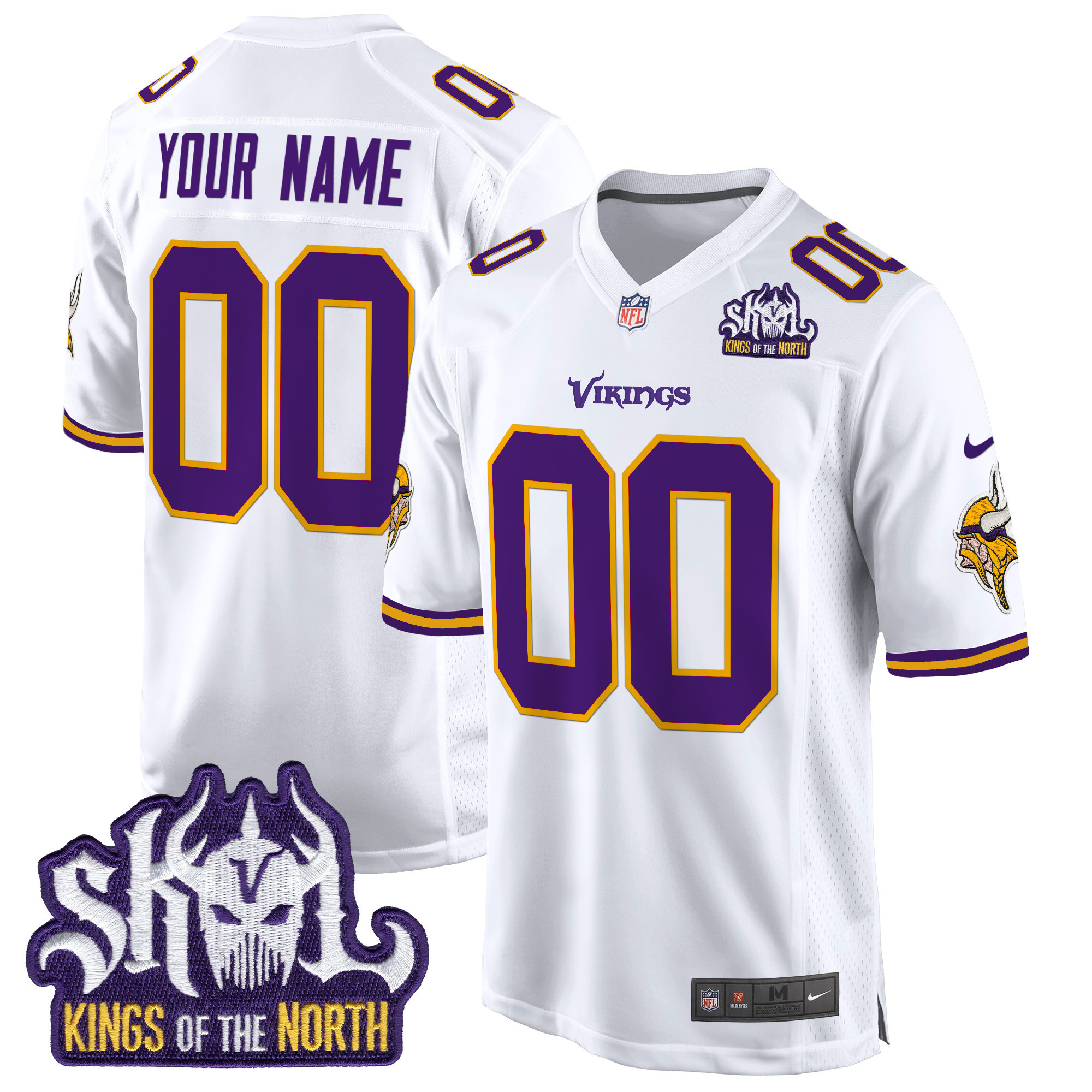 Men's Minnesota Vikings King Of The North Patch Throwback Game Custom White Jersey - All Stitched