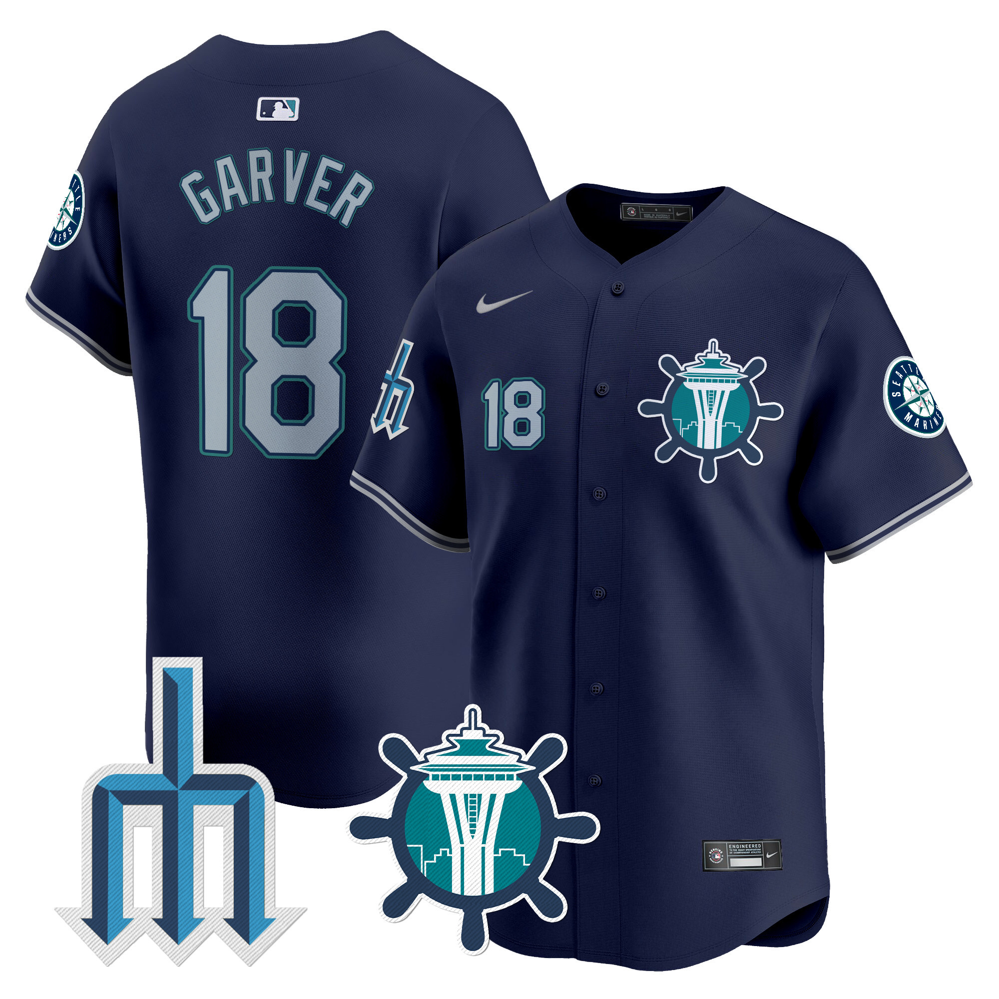 Men's Mitch Garver Seattle Mariners Trident Patch Vapor Premier Limited Navy Jersey - All Stitched