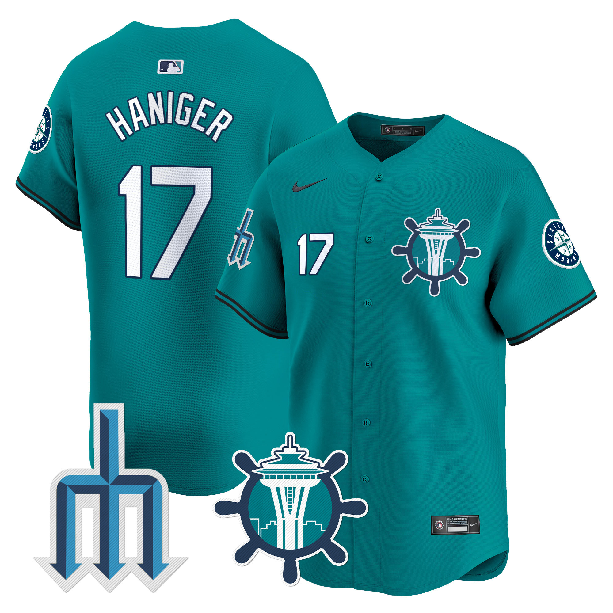 Men's Mitch Haniger Seattle Mariners Trident Patch Vapor Premier Limited Aqua Jersey - All Stitched
