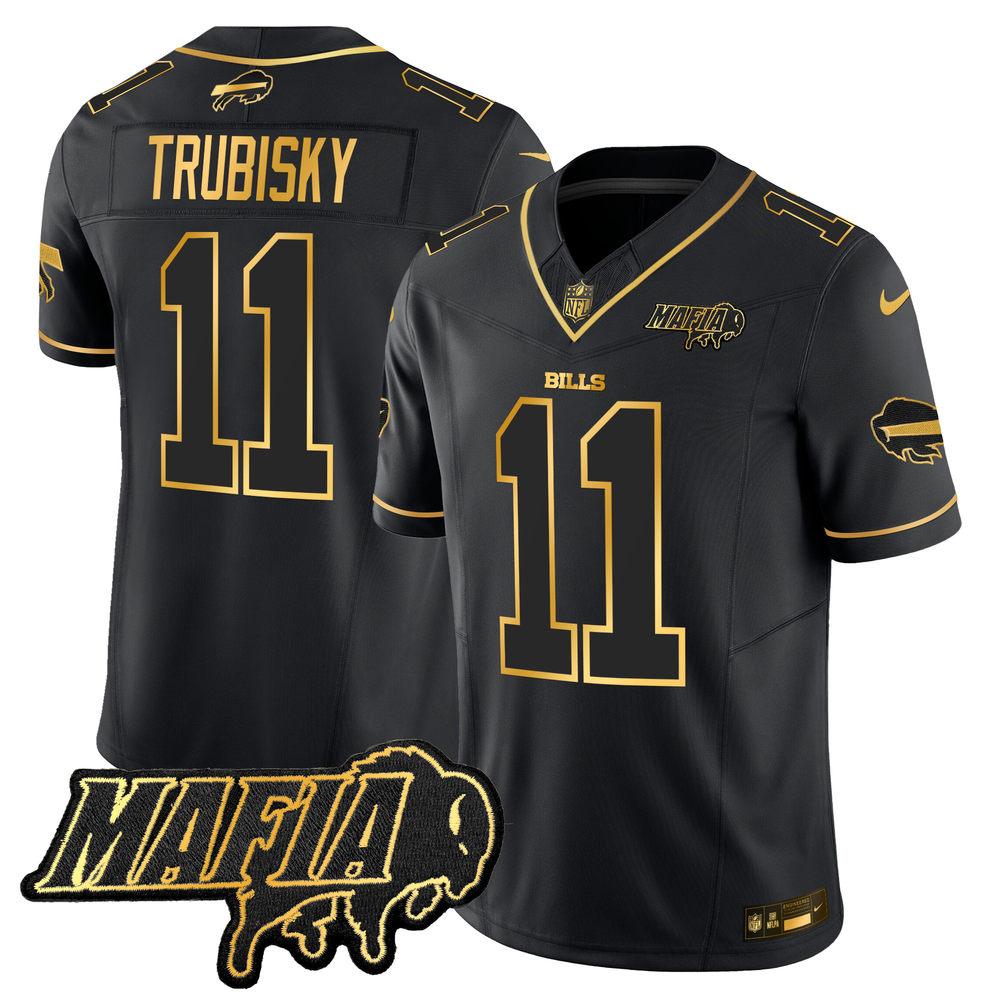 Men's Mitchell Trubisky Buffalo Bills 2024 Buffalo Bills Mafia Patch Gold Vapor Limited Black Gold Jersey - All Stitched