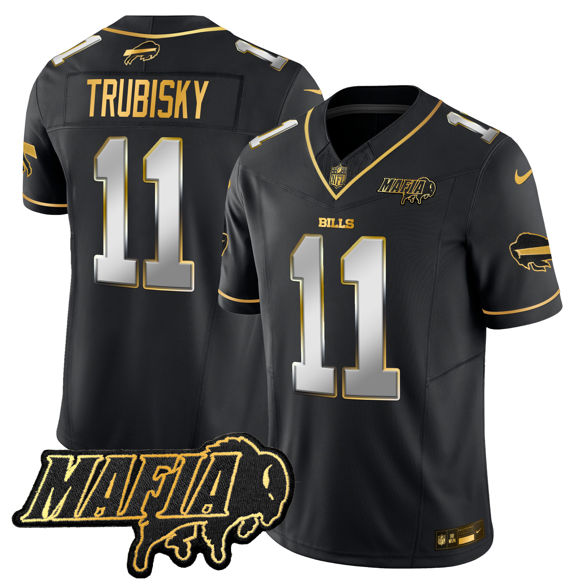 Men's Mitchell Trubisky Buffalo Bills 2024 Buffalo Bills Mafia Patch Gold Vapor Limited Black Limited Jersey - All Stitched