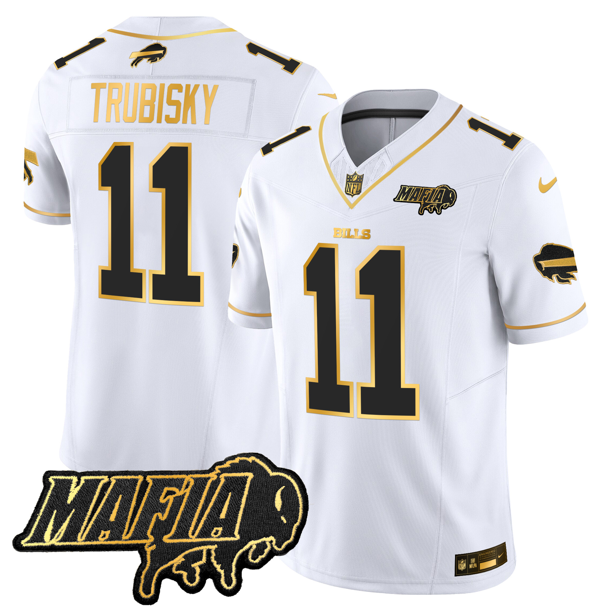 Men's Mitchell Trubisky Buffalo Bills 2024 Buffalo Bills Mafia Patch Gold Vapor Limited White Gold Jersey - All Stitched