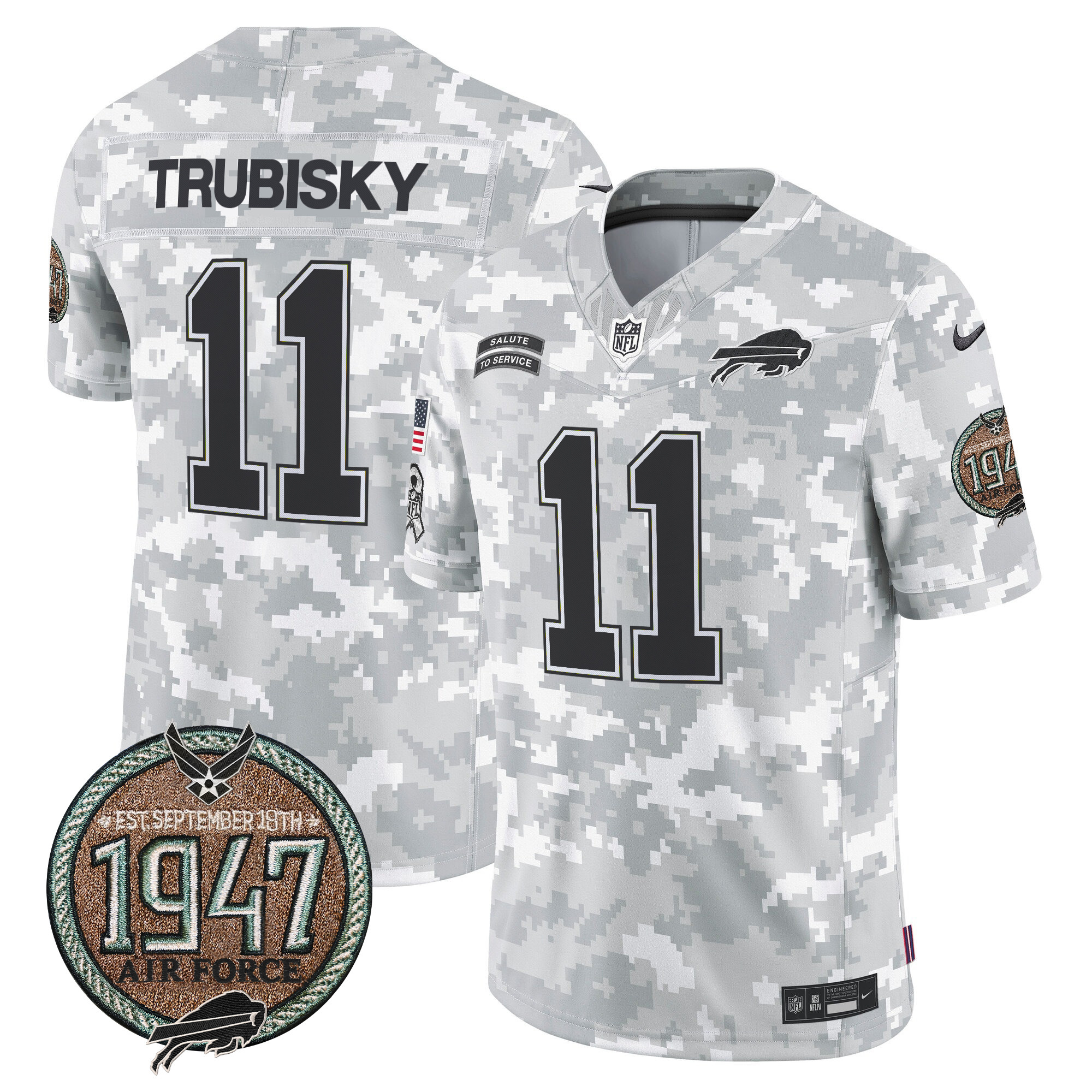 Men's Mitchell Trubisky Buffalo Bills 2024 Salute to Service Establishment Year Patch Vapor Limited Air Force Jersey - All Stitched