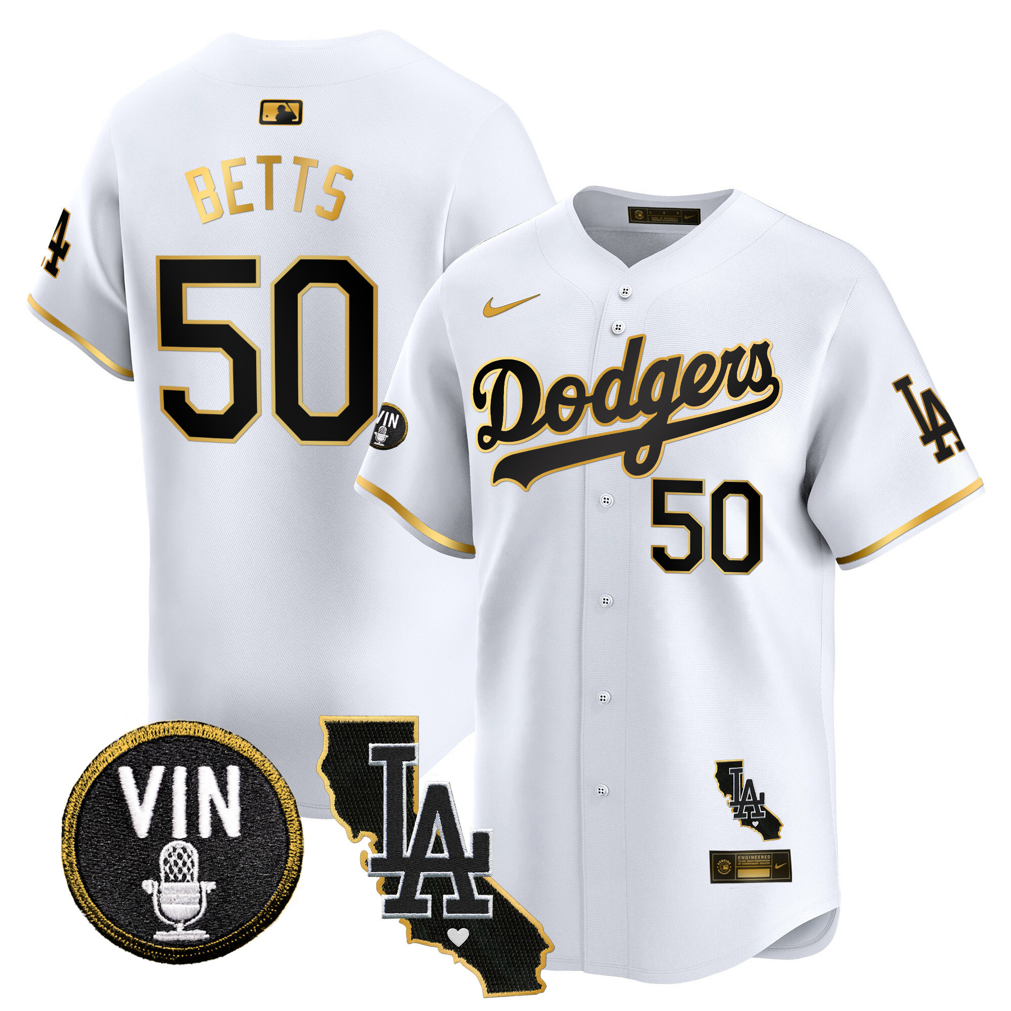 Men's Mookie Betts Los Angeles Dodgers Vin & California Patch Gold Trim Vapor Premier Limited White Gold Jersey - All Stitched
