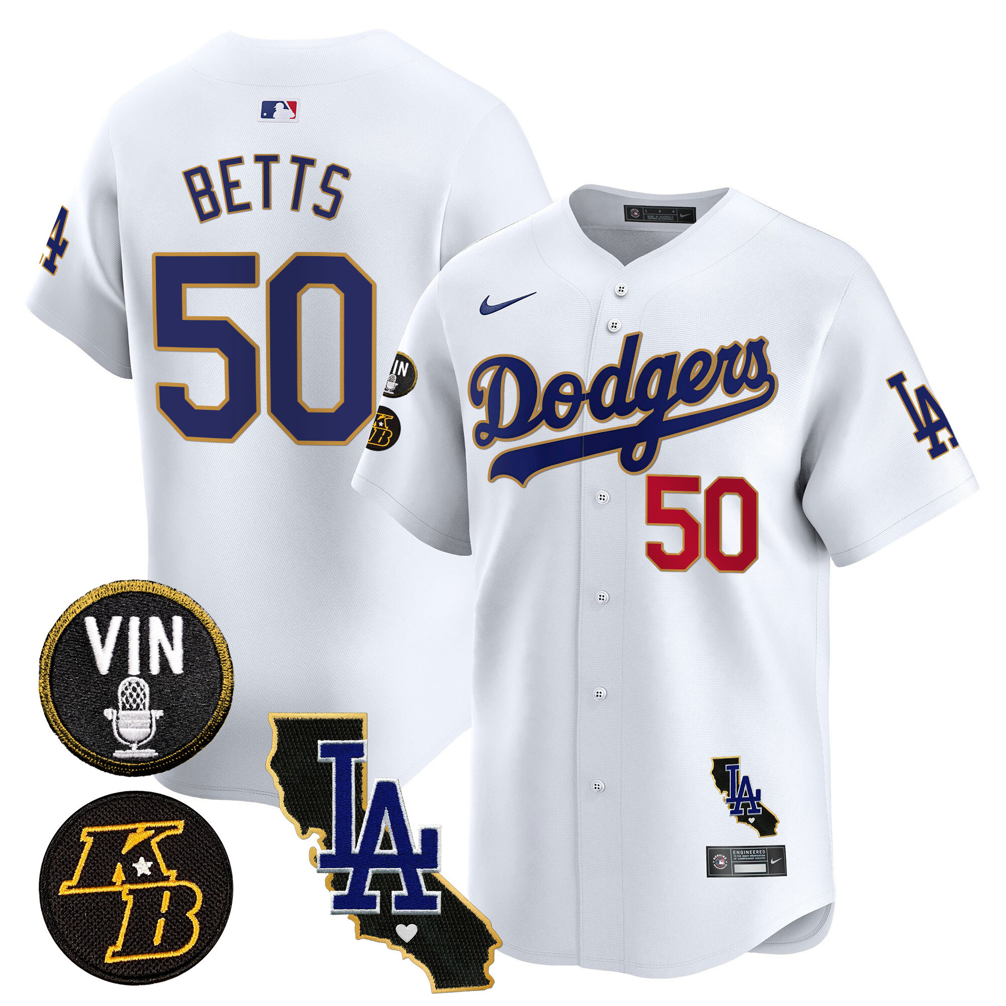 Men's Mookie Betts Los Angeles Dodgers Vin & Kobe Patch Gold Trim Vapor Premier Limited White Jersey V2 - All Stitched
