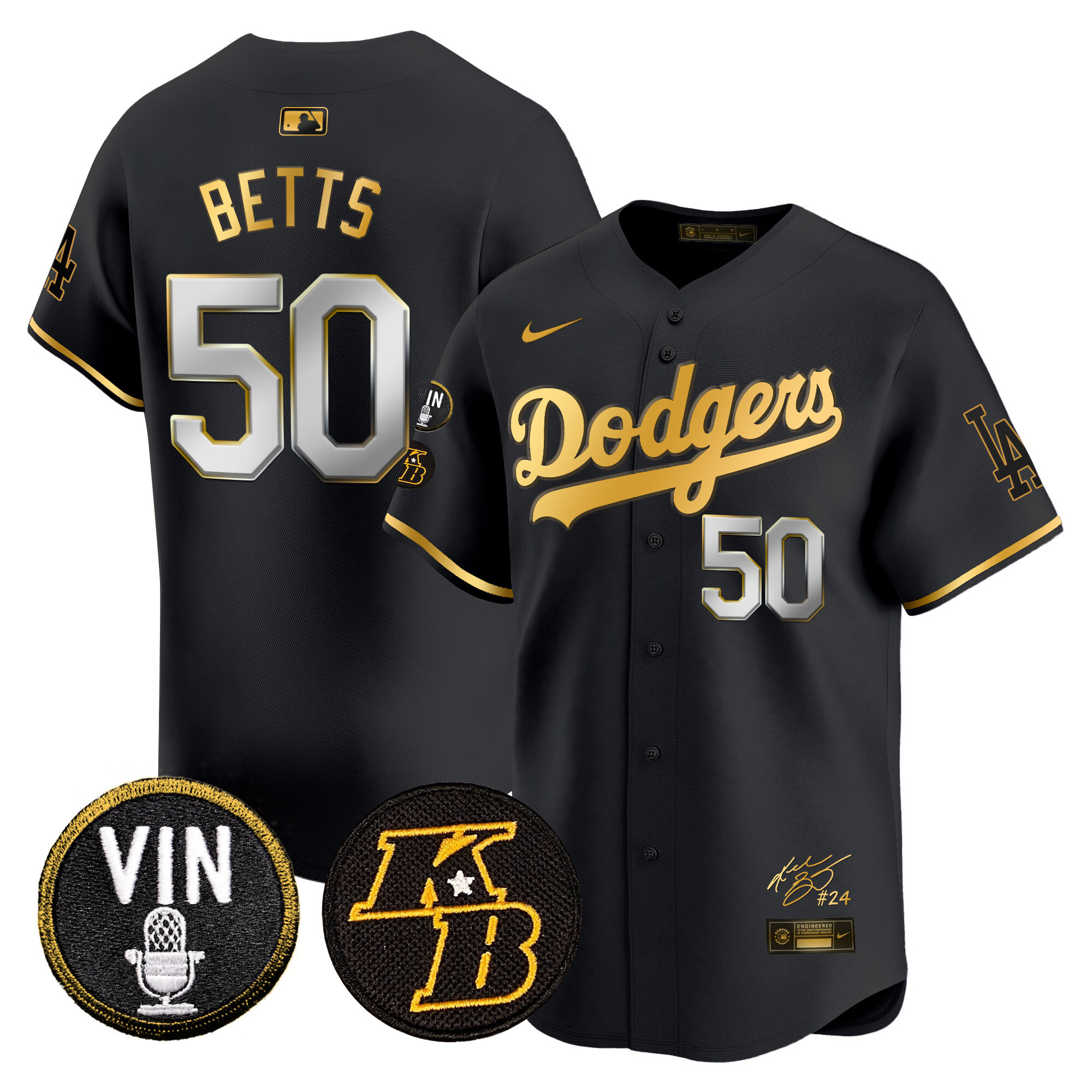 Men's Mookie Betts Los Angeles Dodgers Vin Patch & Kobe Bryant Signature Vapor Premier Limited Black Gold Jersey - All Stitched