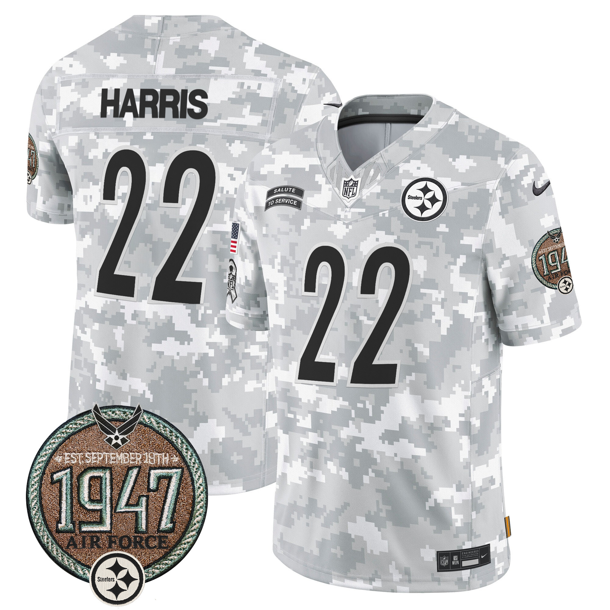 Men's Najee Harris Pittsburgh Steelers 2024 Salute to Service Establishment Year Patch Vapor Limited Air Force Jersey - All Stitched