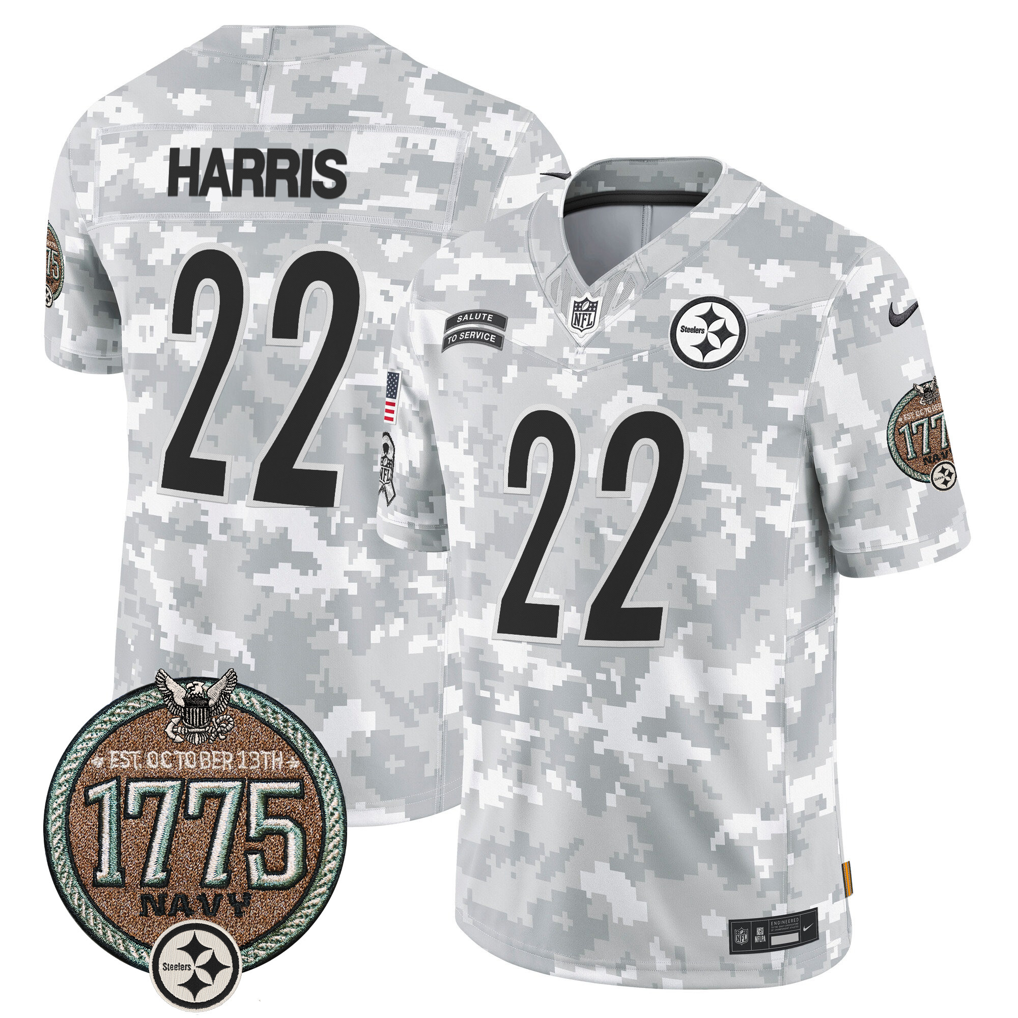 Men's Najee Harris Pittsburgh Steelers 2024 Salute to Service Establishment Year Patch Vapor Limited Navy Jersey - All Stitched