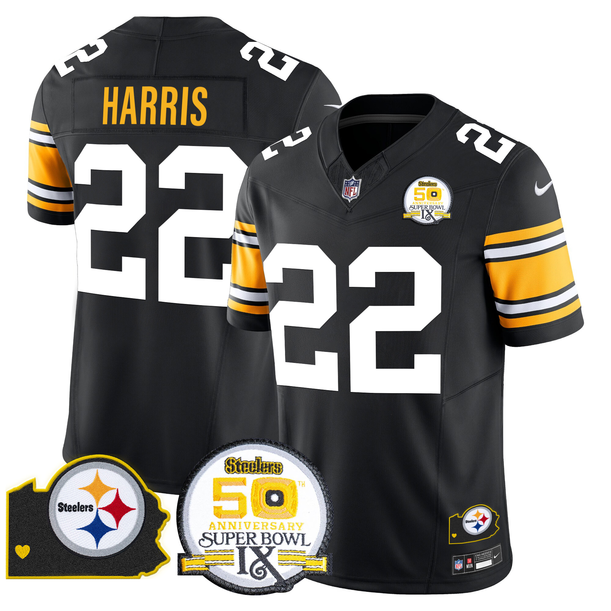 Men's Najee Harris Pittsburgh Steelers 50th Anniversary Of Super Bowl IX & Map Patch Vapor Limited 1975 Throwback Jersey - All Stitched