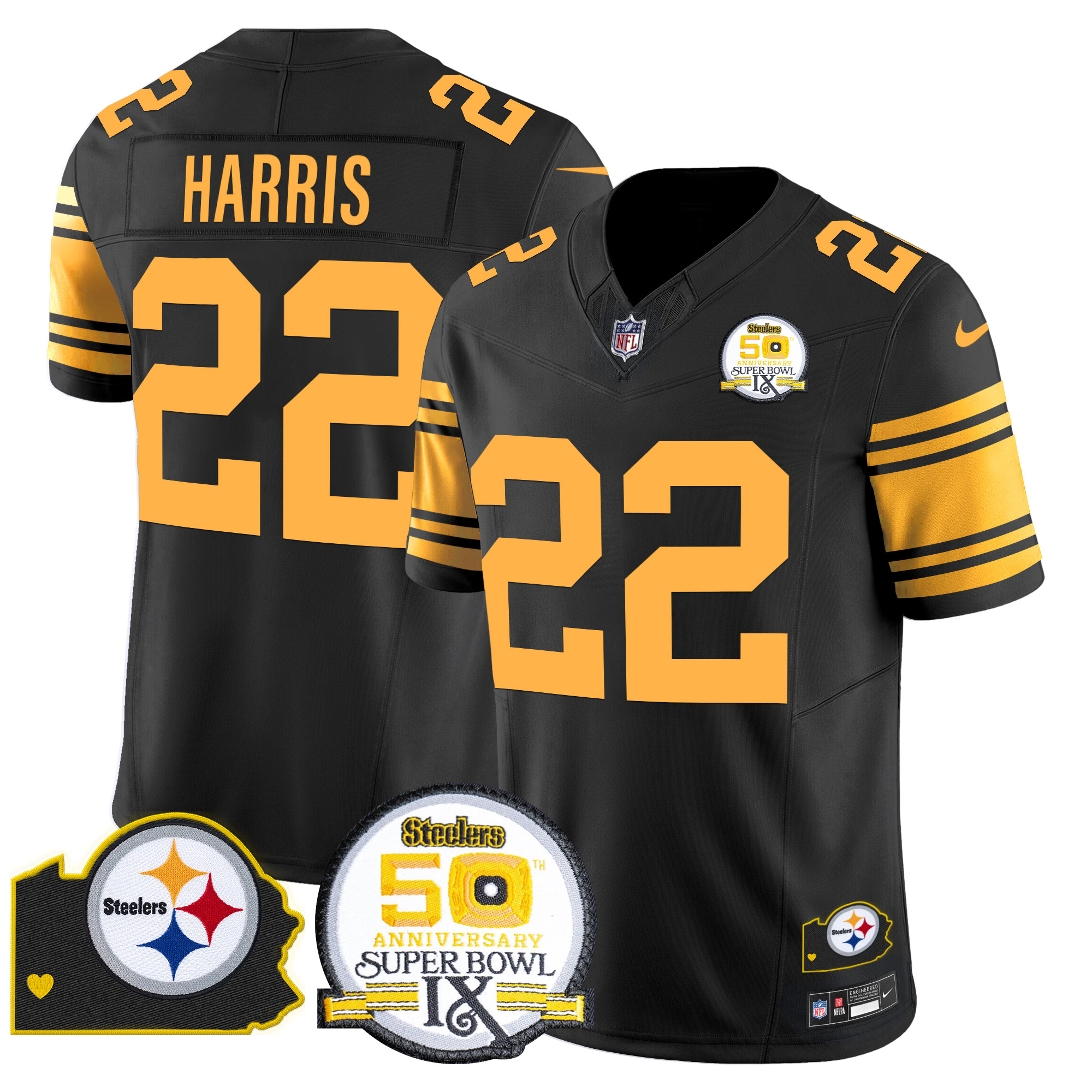 Men's Najee Harris Pittsburgh Steelers 50th Anniversary Of Super Bowl IX & Map Patch Vapor Limited Color Rush Jersey - All Stitched