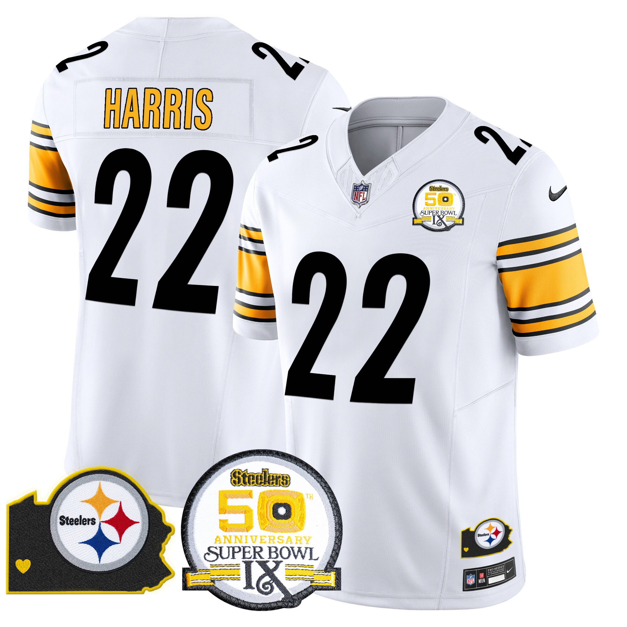 Men's Najee Harris Pittsburgh Steelers 50th Anniversary Of Super Bowl IX & Map Patch Vapor Limited White Jersey - All Stitched