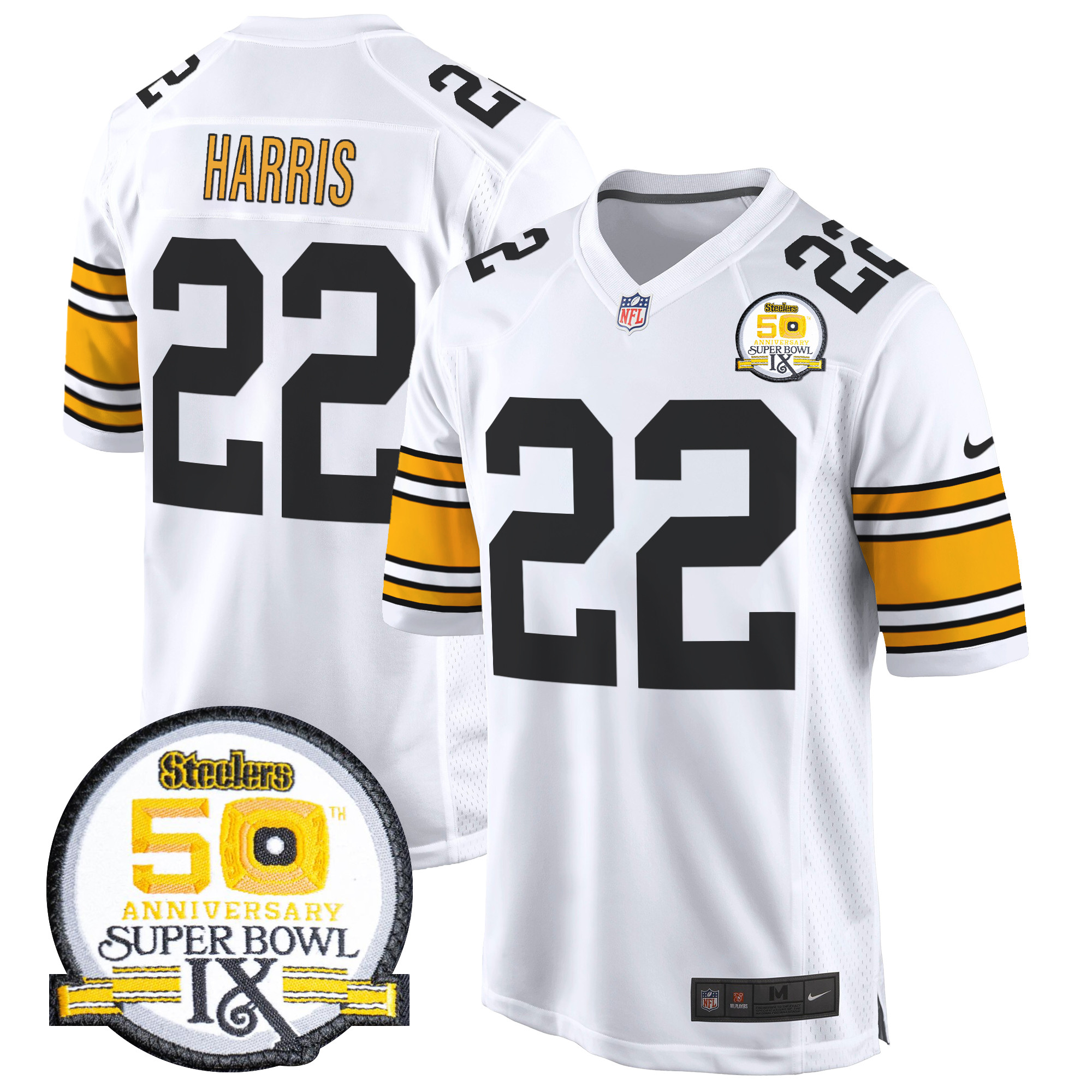 Men's Najee Harris Pittsburgh Steelers 50th Anniversary Of Super Bowl IX Patch Game 1975 White Jersey - All Stitched