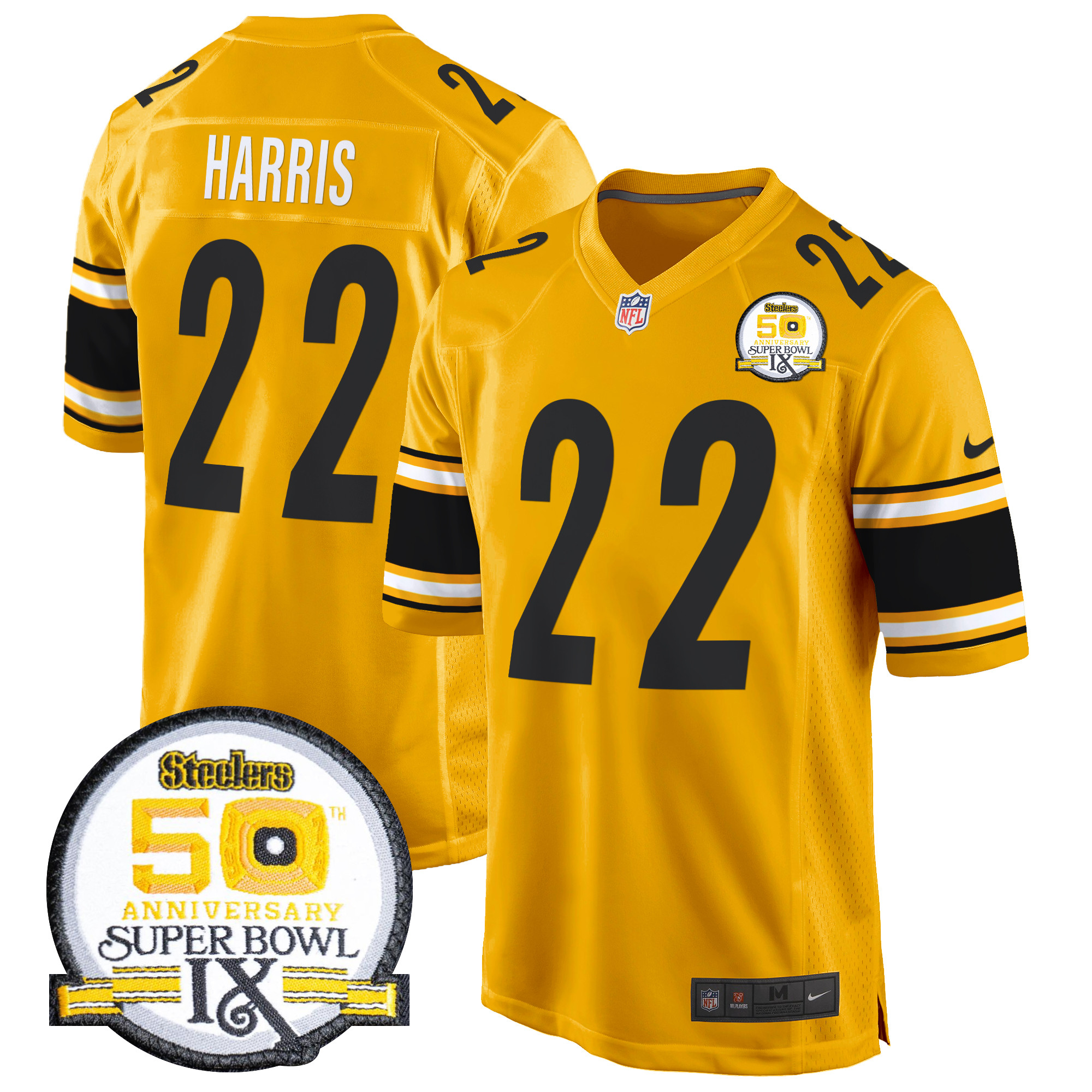 Men's Najee Harris Pittsburgh Steelers 50th Anniversary Of Super Bowl IX Patch Game Gold Jersey - All Stitched