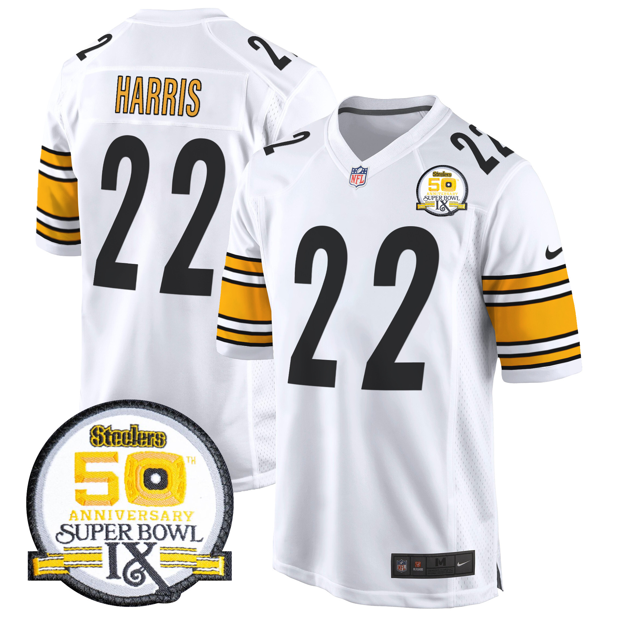 Men's Najee Harris Pittsburgh Steelers 50th Anniversary Of Super Bowl IX Patch Game White Jersey - All Stitched