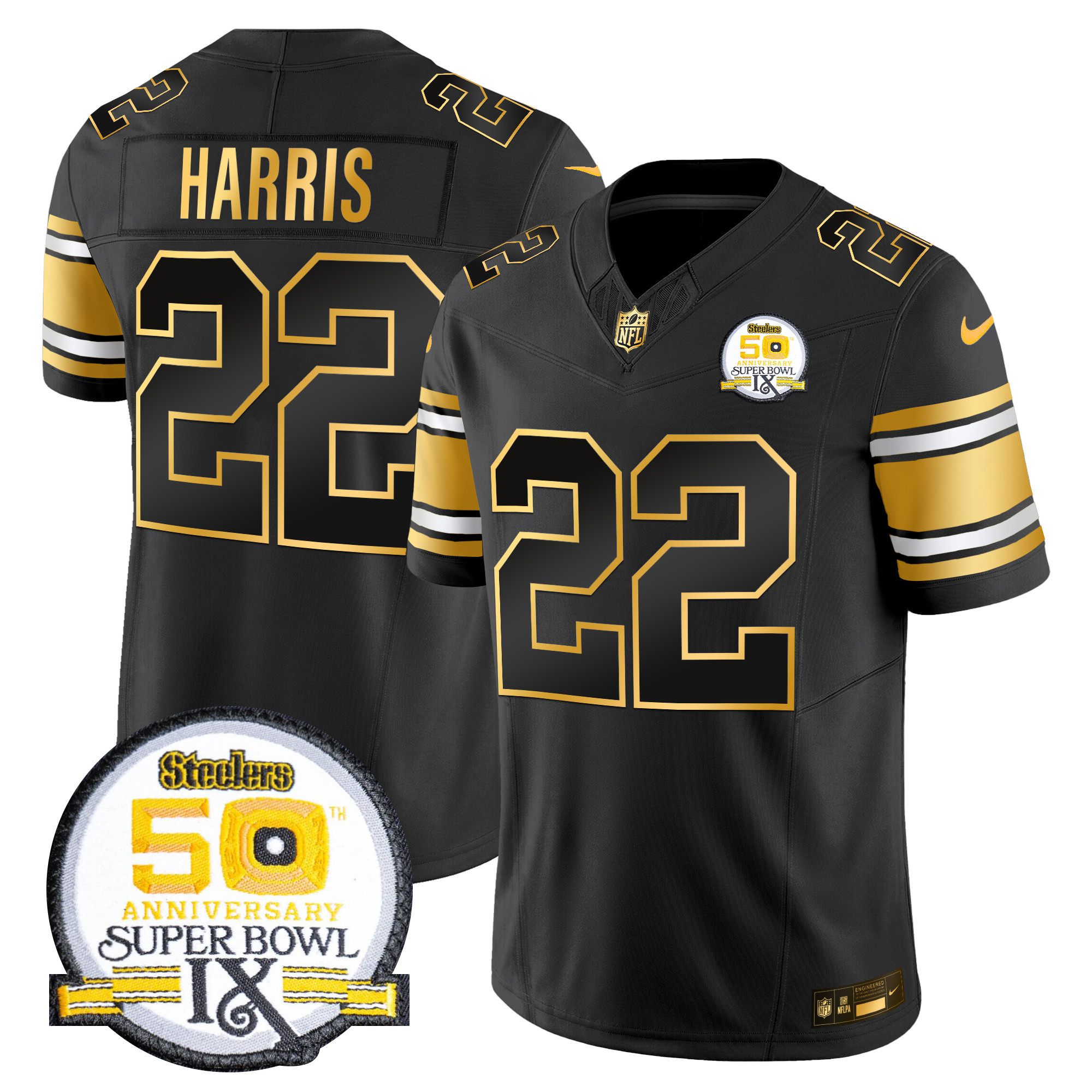 Men's Najee Harris Pittsburgh Steelers 50th Anniversary of Super Bowl IX Patch Gold Vapor Limited Black Gold Jersey - All Stitched